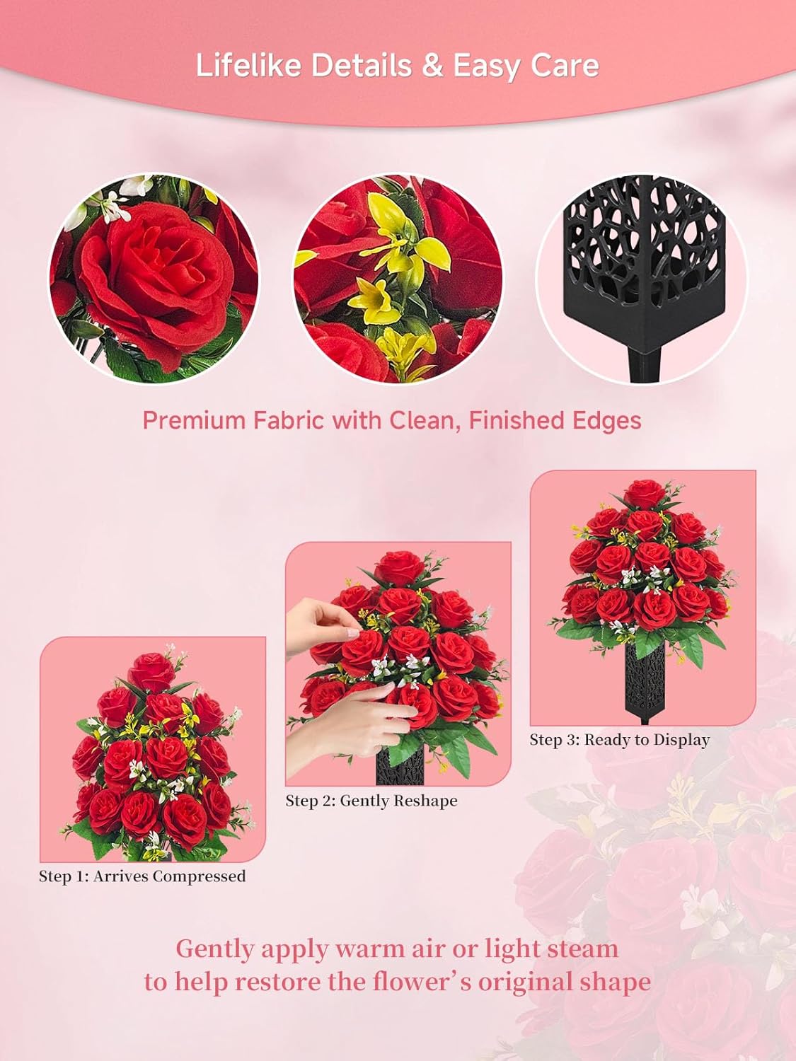 2-Pack Artificial Cemetery Flowers for Grave, 18-Stem Red Rose Bouquets with Spiked Vases, Wind-Secure Non-Bleeding Memorial for Headstones & Gravesites