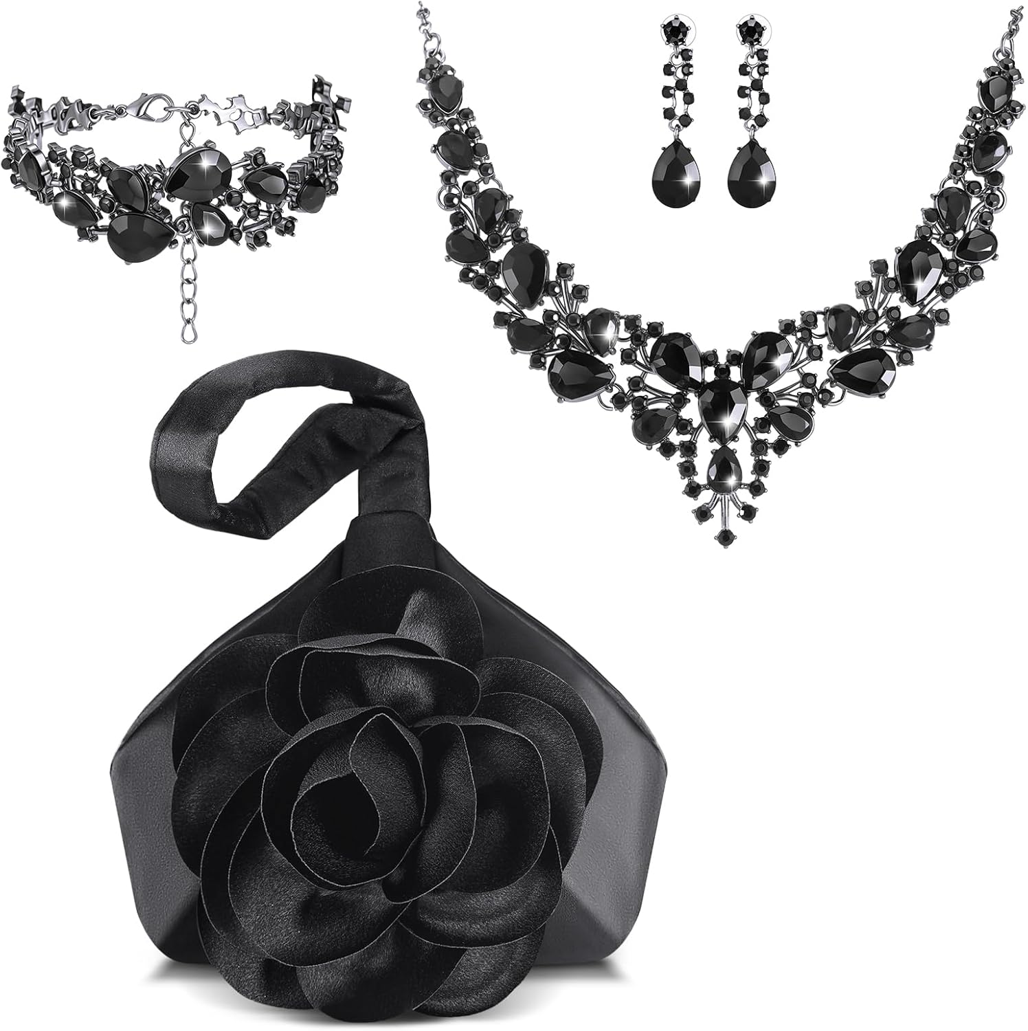 Sunnymove Black Satin Flower Clutch Purse & Rhinestone Jewelry Set - Necklace, Earrings, Bracelet for Women Wedding Prom Formal Events