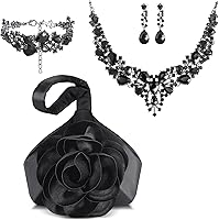 Sunnymove Black Satin Flower Clutch Purse & Rhinestone Jewelry Set - Necklace, Earrings, Bracelet for Women Wedding Prom Formal Events