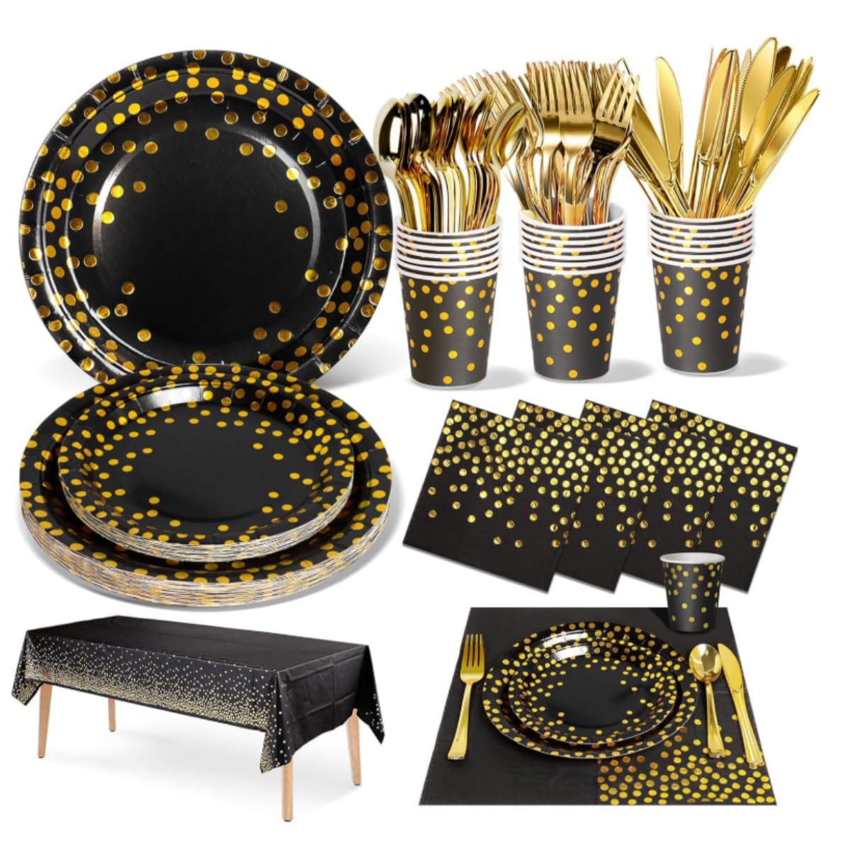 Party Tableware Paper Plates and Napkins Set, 141PCS Party Paper Plates Cups Napkins and Cutlery Party Dinnerware Set for Birthday Decorations New Year Wedding Christmas Picnic (20 Guests, Black&Gold)