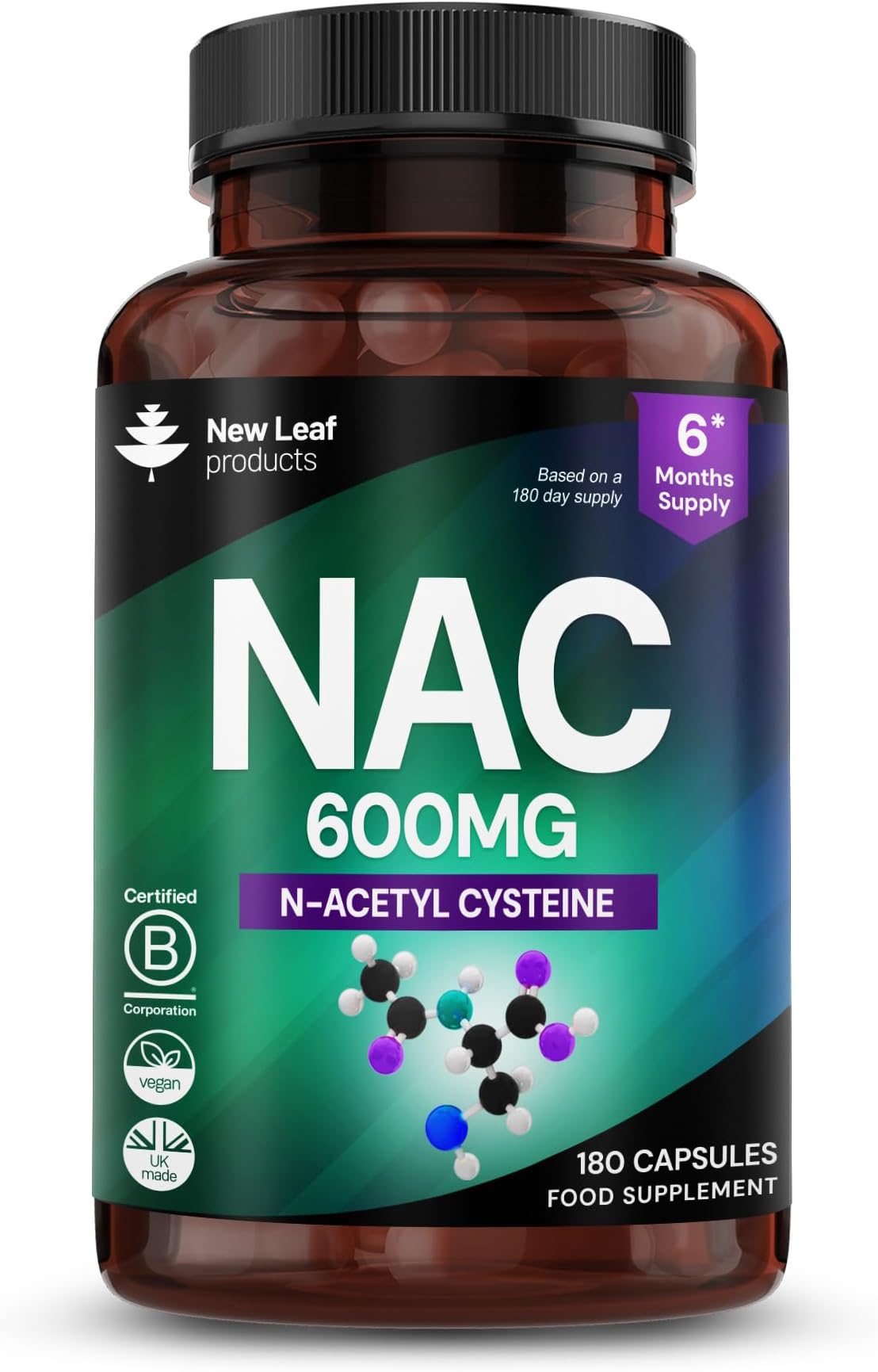 NAC N-Acetyl-Cysteine 600mg Capsules N-Acetyl Cysteine Nutritional Supplements 180 NAC Capsules - Nac Supplement High Bioavailability Amino Acid - Vegan Friendly - Made in UK by New Leaf