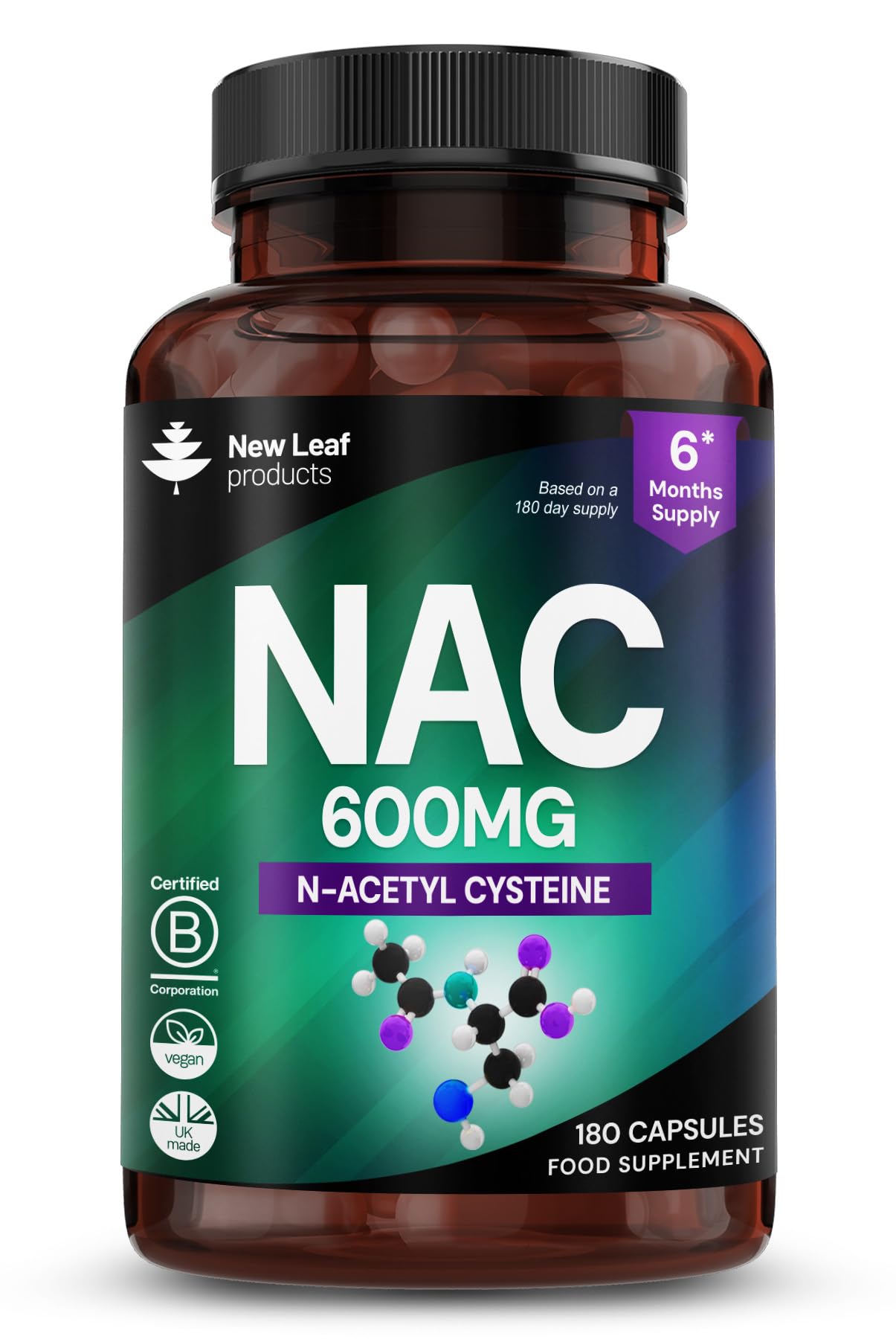 NAC N-Acetyl-Cysteine 600mg Capsules N-Acetyl Cysteine Nutritional Supplements 180 NAC Capsules - Nac Supplement High Bioavailability Amino Acid - Vegan Friendly - Made in UK by New Leaf