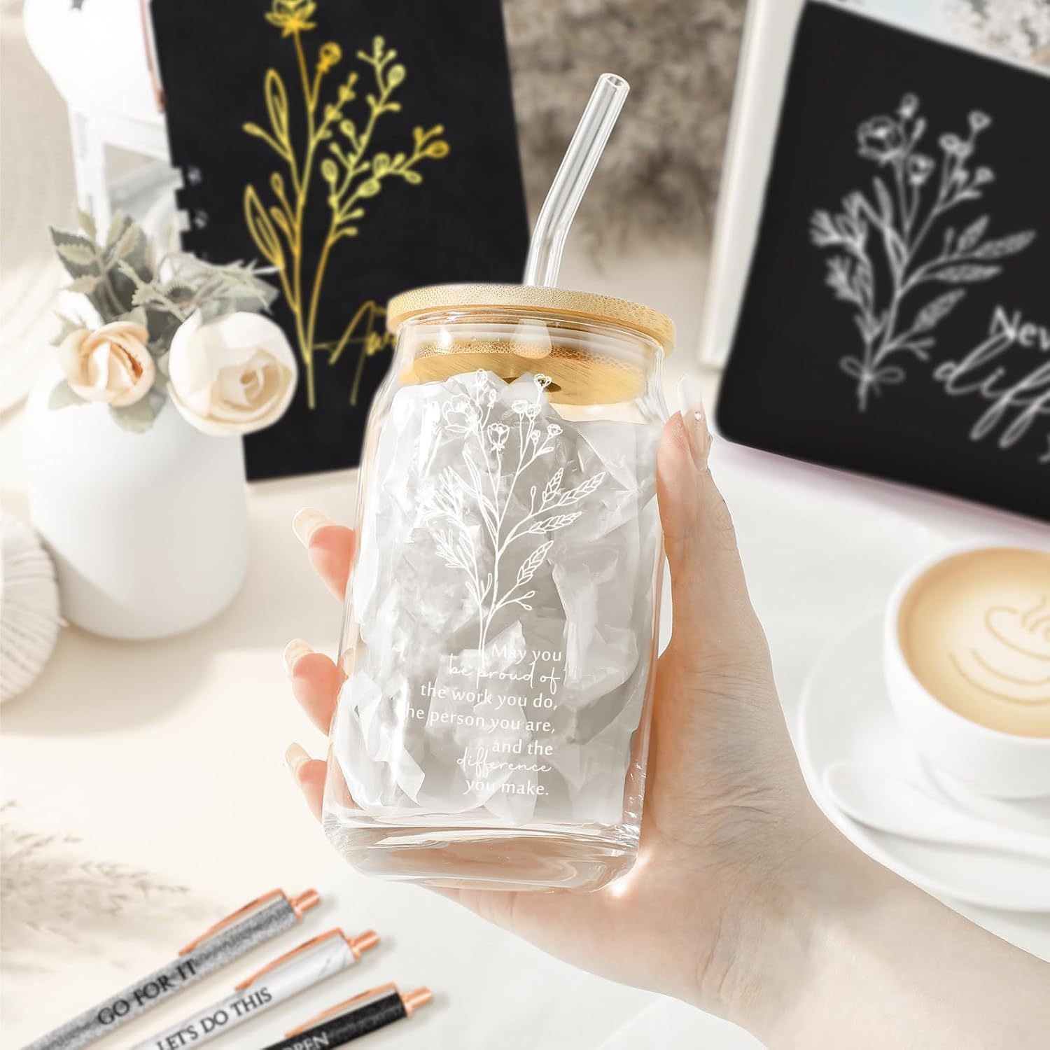 6 Pcs Valentines Employee Appreciation Gift Set for Women Thank You Gift May You Be Proud 17oz Aesthetic Glass Tumbler Makeup Bag Journal Ballpoint for Valentines Employee Coworker Team - Image 4