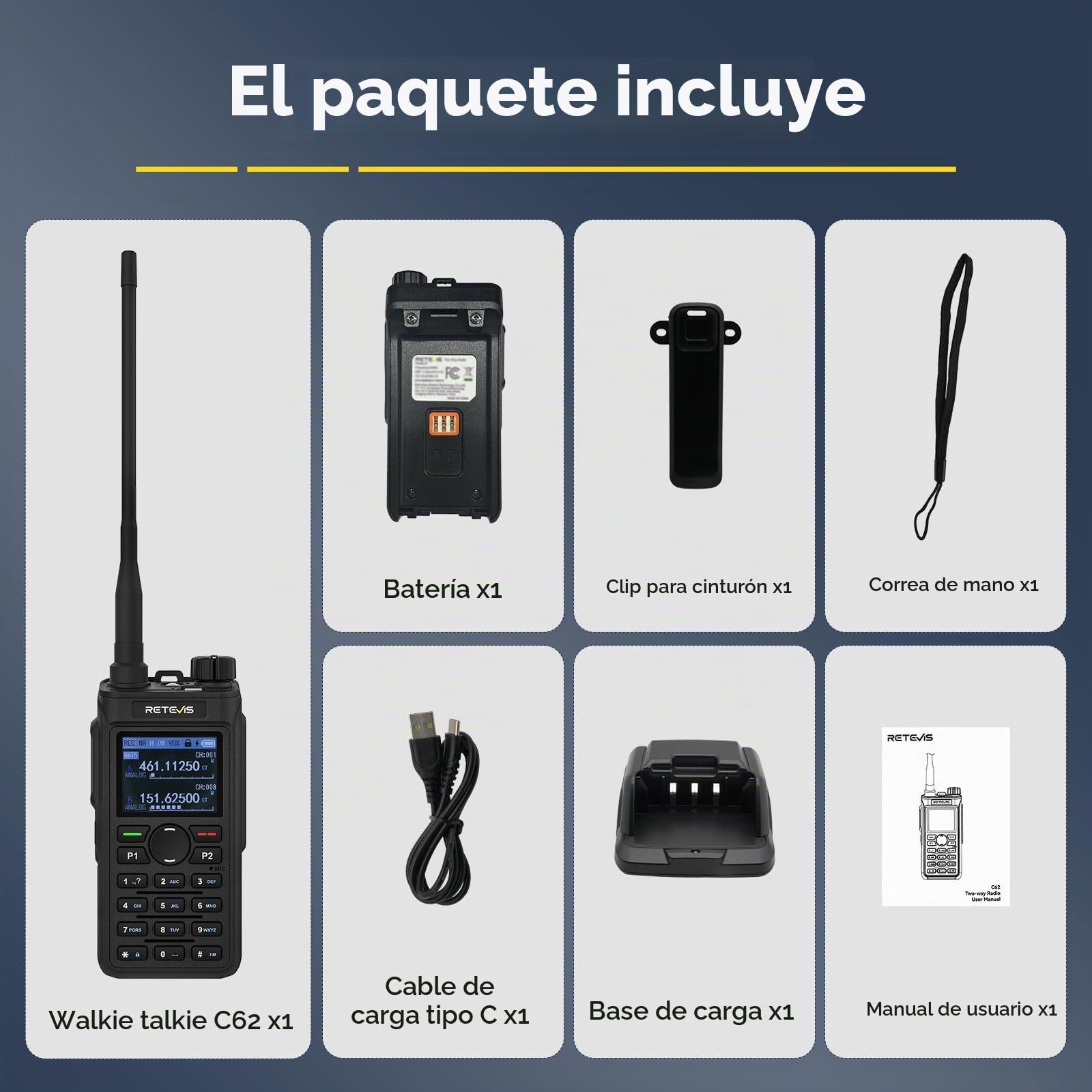 Retevis C62 Walkie Talkie Doble Banda, Radioaficionado con Pantalla LCD