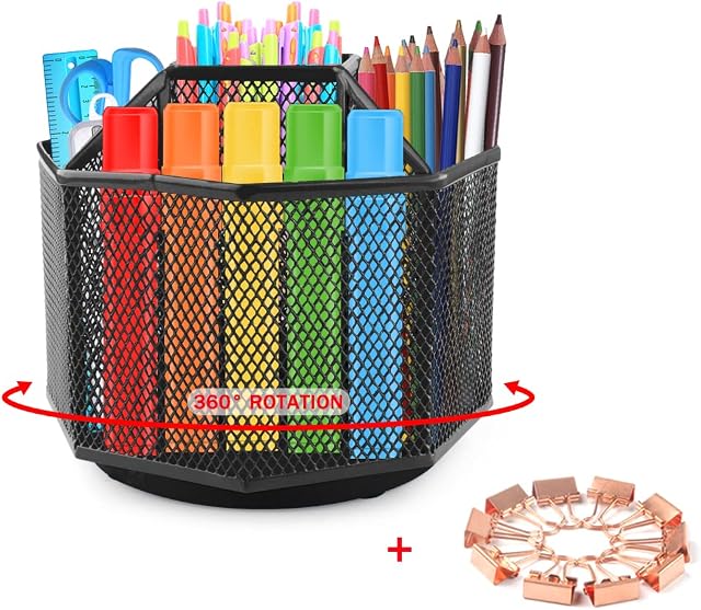 Rotating Pencil Holder - Pen Holder for Desk - 360 Degree Rotating Pen Caddy Holders Desk Organizer with 5 Compartments - Mesh Desktop Stationary Organizer with 10 Clips (Black - 5 Compartments)
