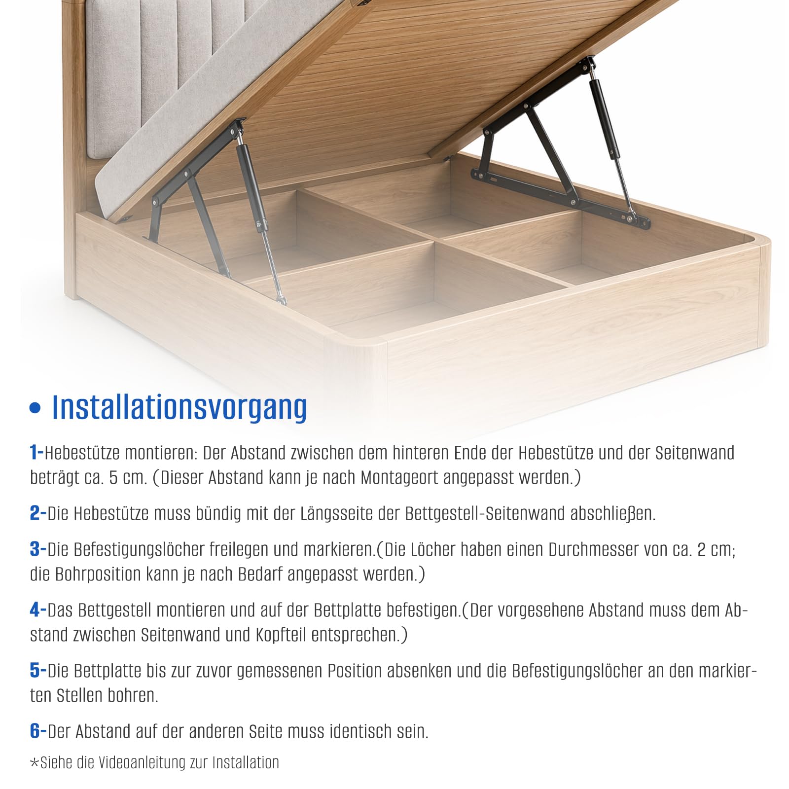 Pneumatische Bett Hebemechanismus 2 Stück Gasdruckfeder für schwere Bettkästen 60 kg Ladekapazität Scharniere Klapp Lift Up Feder Scharniere für Bett Aufbewahrungsbett Box Zubehör Sofa（60KG）