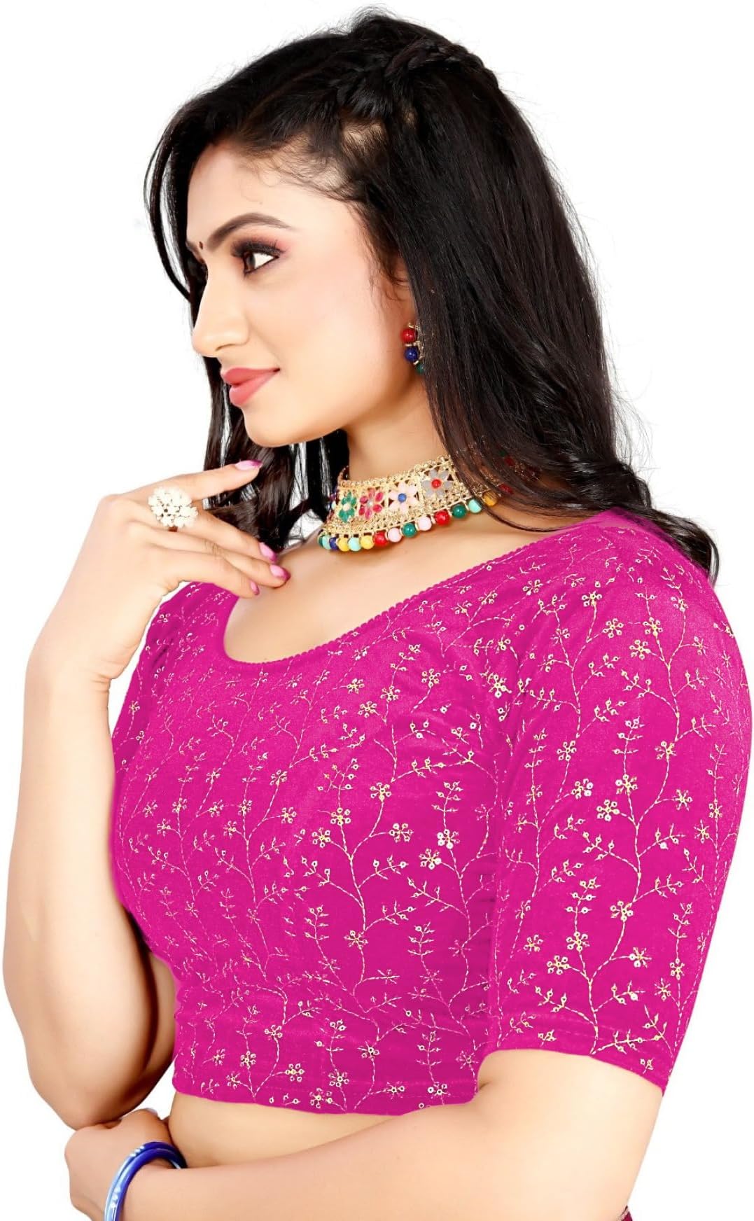 PU FashionBlouse Stylish Golden Embroidery Work Blouse Stretchable Velvet Blouse New 2024 Collection Women's Saree Blouse