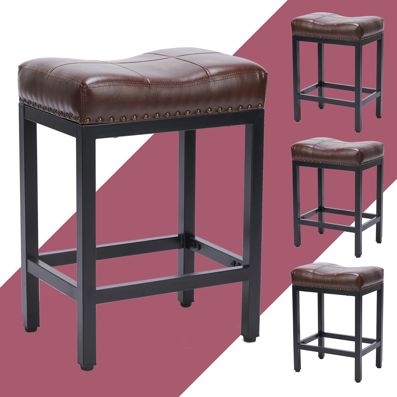Photo 1 of **ONLY SET OF TWO** Bar Stools Set of 4 Counter Height - 24 Inch Saddle Stools, PU Leather Modern Kitchen Barstools with Metal Base Footrest Set of 4 Brown