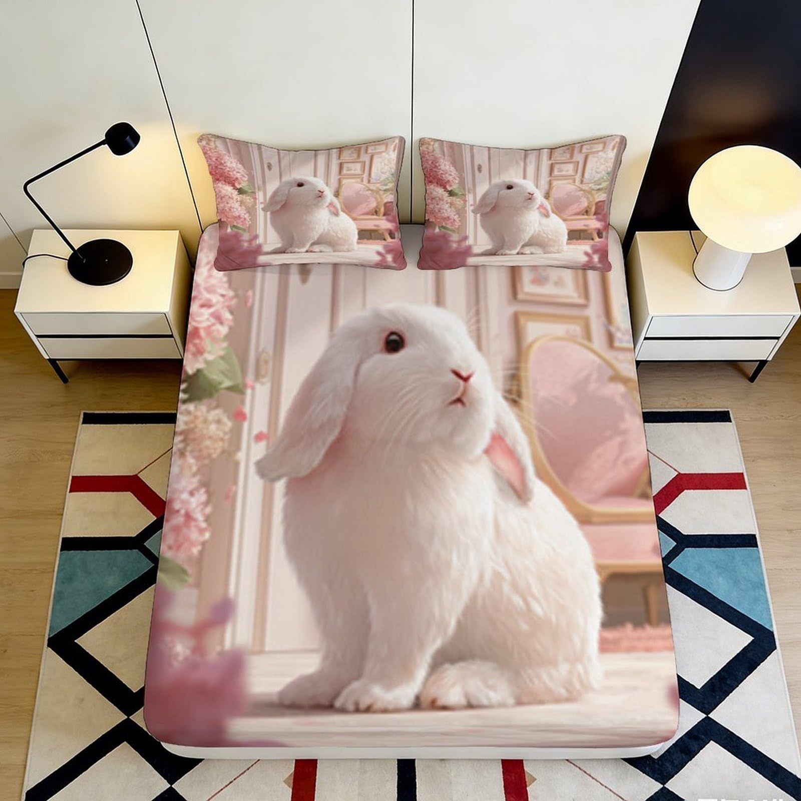 3D Printed White Rabbit Fitted Sheet Microfiber Soft Breathable Bunny Mattress Cover for Bedroom Dormitory Guest Room Mattress Protection Decor 180x200x25cm