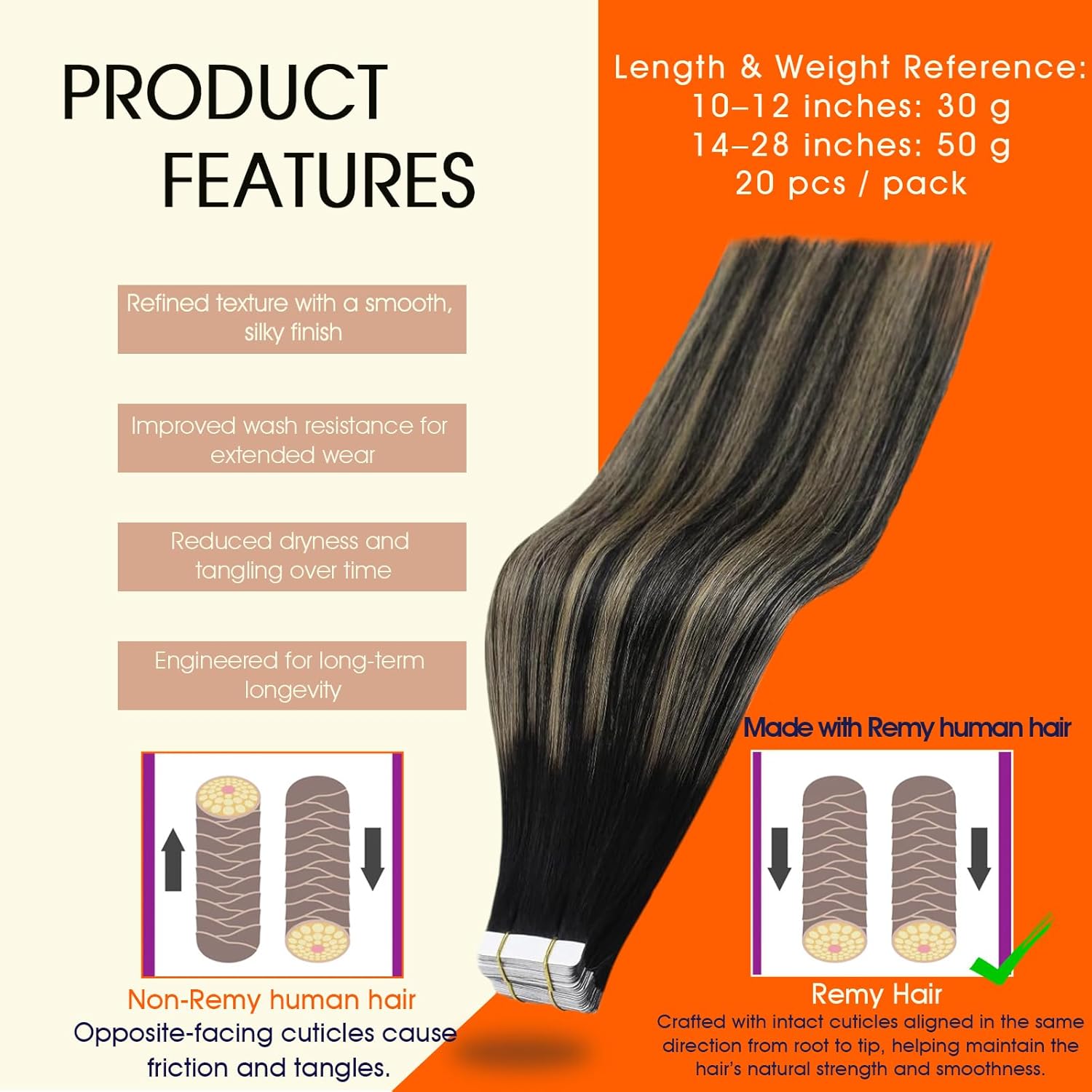 Full Shine Tape ins Human Hair Extensions Balayage Tape in Hair Extensions 16Inch Seamless Skin Weft Tapes Extension 20pcs 1B Black to 27 Honey Blonde with 1B Invisible Straight Full Head 50G