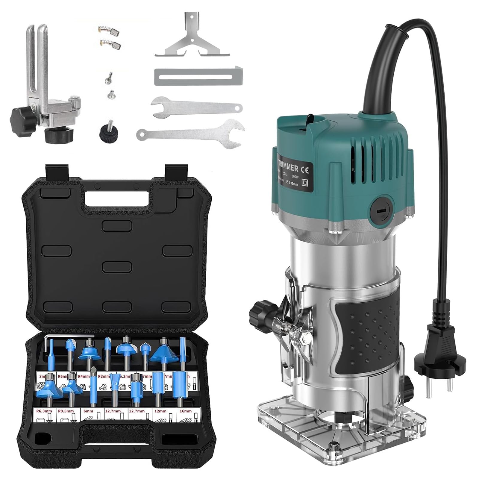 Router Elettrico Diametro 6,35 mm,Fresa Elettrica per Laminati 800 W Fresatrice per Bordi Professionale 30.000 Giri/Min,con set di Frese per Scanalature Nel Legno da 15 Pezzi