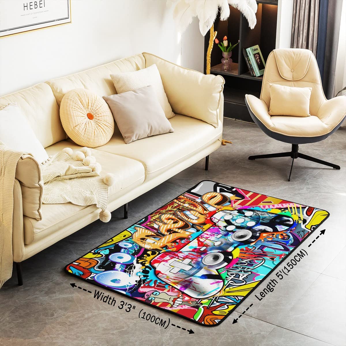 Loussiesd Tapis de salon Gamer 100 x 150 cm Style hippie Graffiti Tapis de salon pour chambre à coucher Maison Décoratif Graffiti Graphic Street Culture Tapis Ultra Doux Antidérapant Tapis de sol