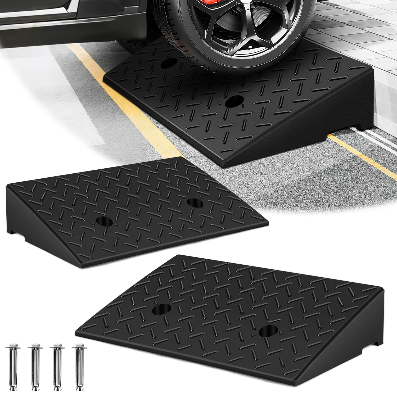Lot de 2 rampes de trottoir en caoutchouc - 10 cm de haut - Antidérapantes - Pour trottoirs, fauteuils roulants, voitures - Avec drainage - Avec kit de montage (49 x 30 x 11 cm)