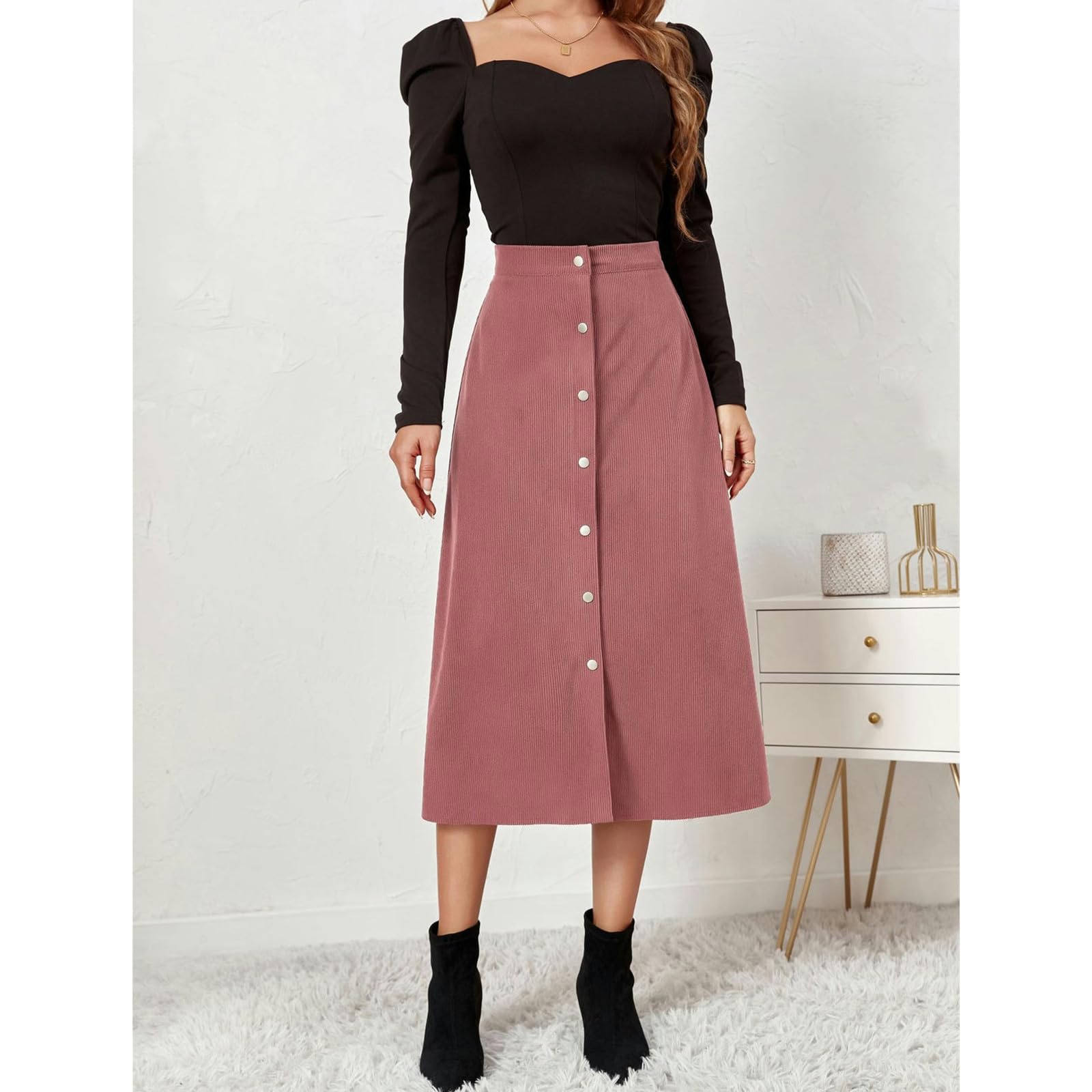 Röcke Einreihiger Langer Cordrock Mit Hoher Taille Für Damen – Stilvolle Und Elegante Damenröcke Für Herbst Winter-Khaki-XL