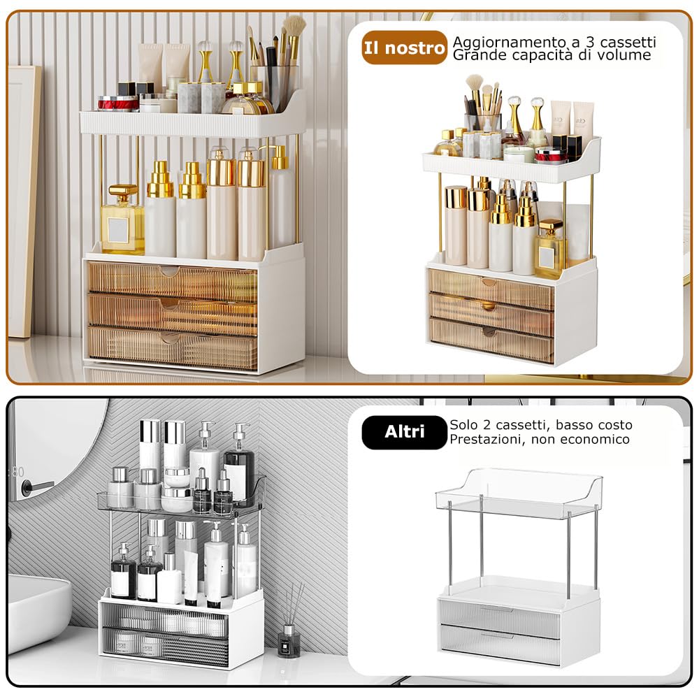 Organizer per trucchi – Upgrade 2 ripiani, 3 cassetti, grande organizer per cosmetici, organizzatore squisito, organizer da bagno, organizzatore da toeletta, ambra