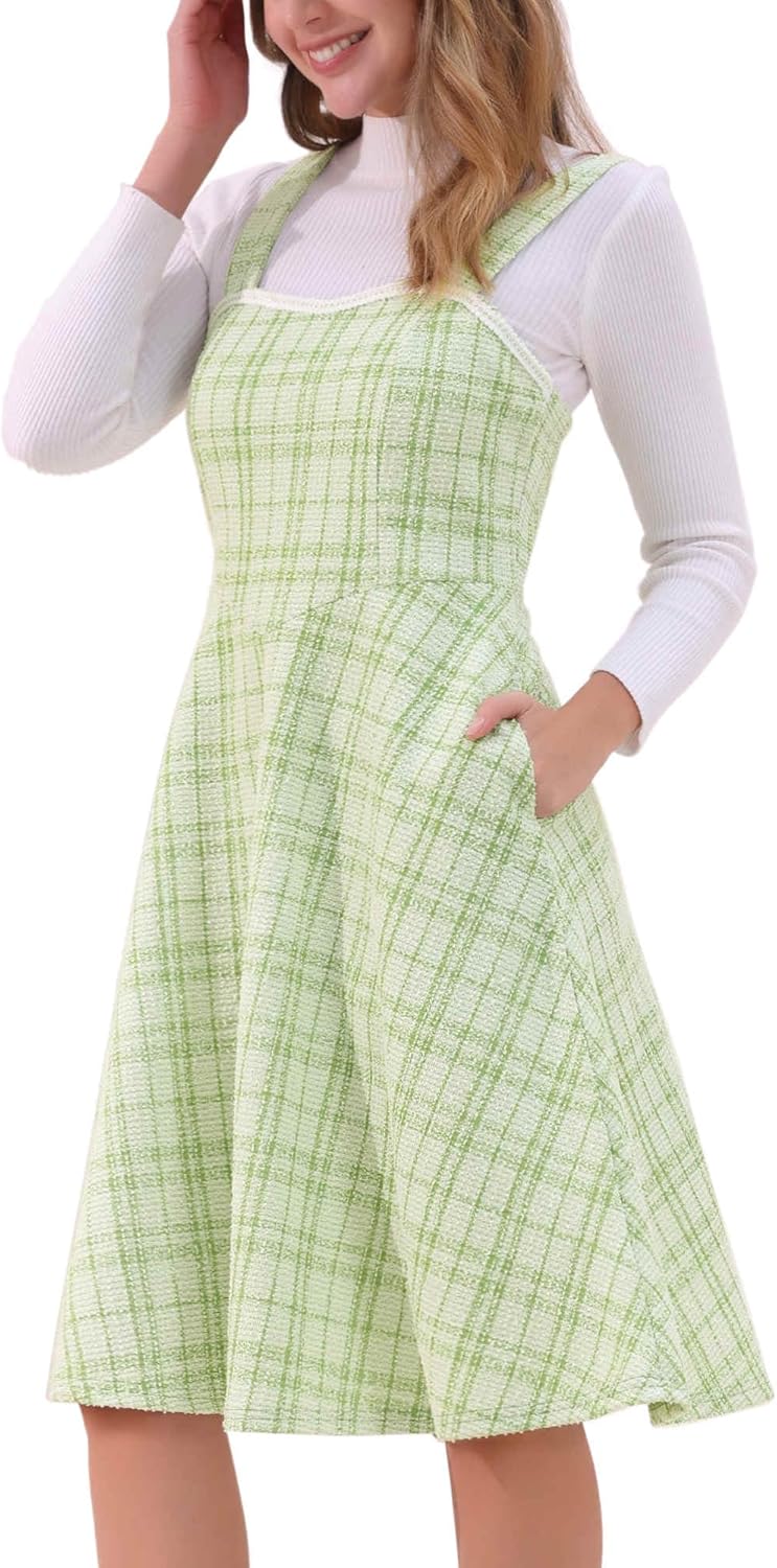 Allegra K Tweed Dress for Women's Sleeveless Square Neck Plaid A-Line Pinafore Overall Dresses