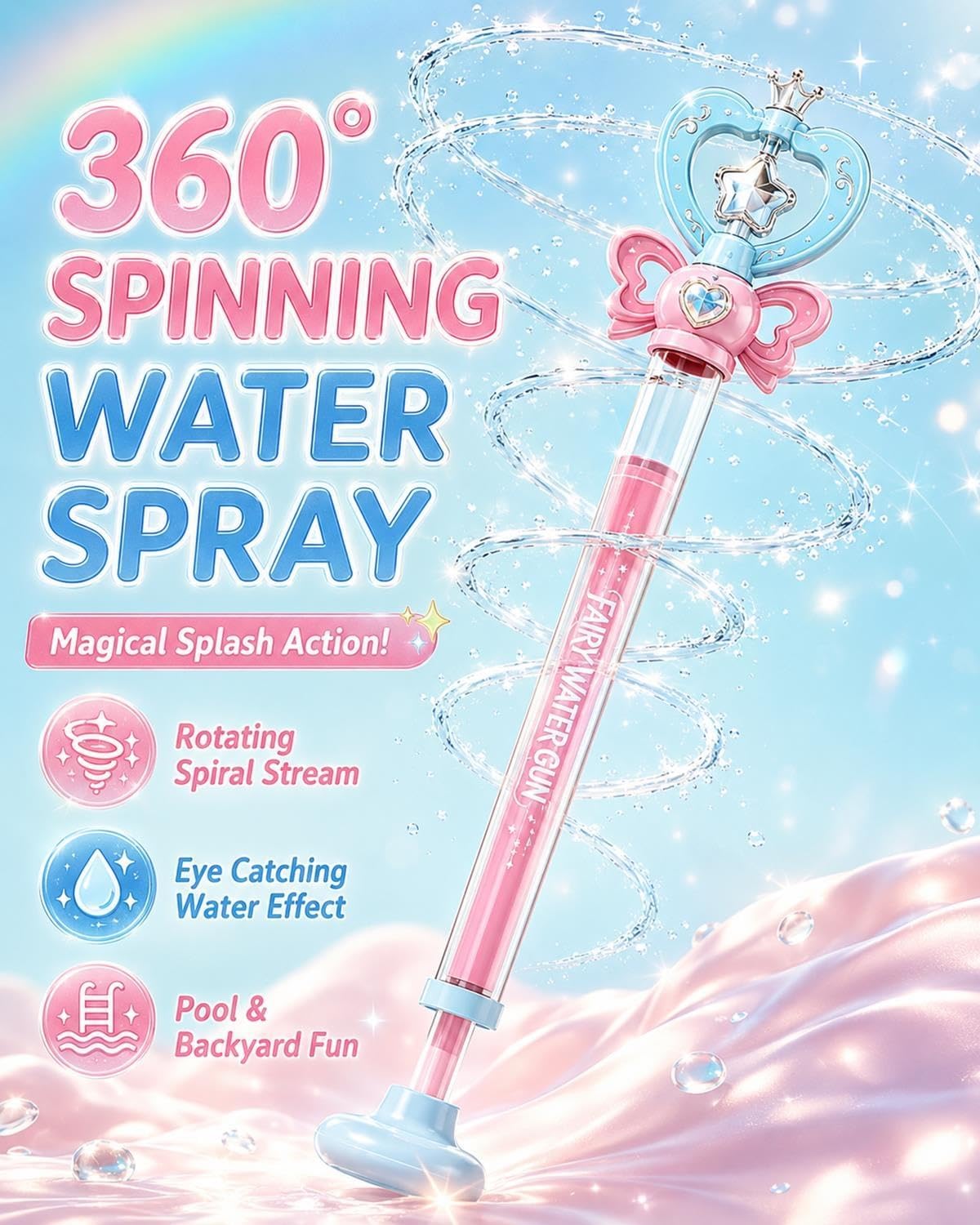 Magic Wand Water Squirter Spinning Water Spray Toy Pull Out Fairy Wand Water Blaster Funny Firework Water Sprayer for Summer Beach Pool Party Outdoor Games Kids Adults Birthday Gift Fun(B#-Bow) image 2