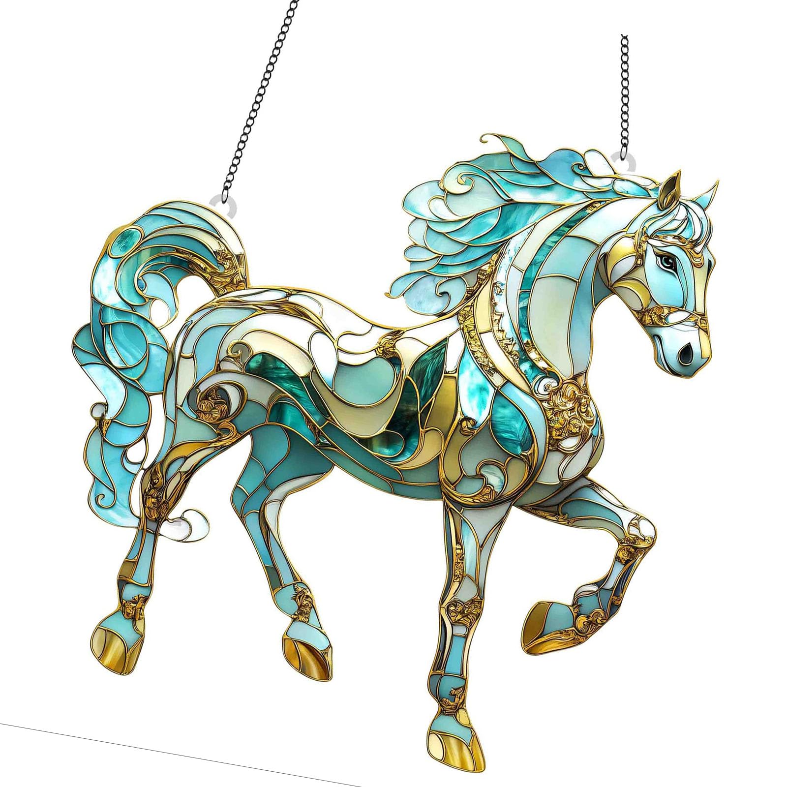 Colorful Running Horse Suncatchers Stained Glass Window Hanging Glass Panel with Chain Sun Catchers Decors Running Horse Sun Catchers