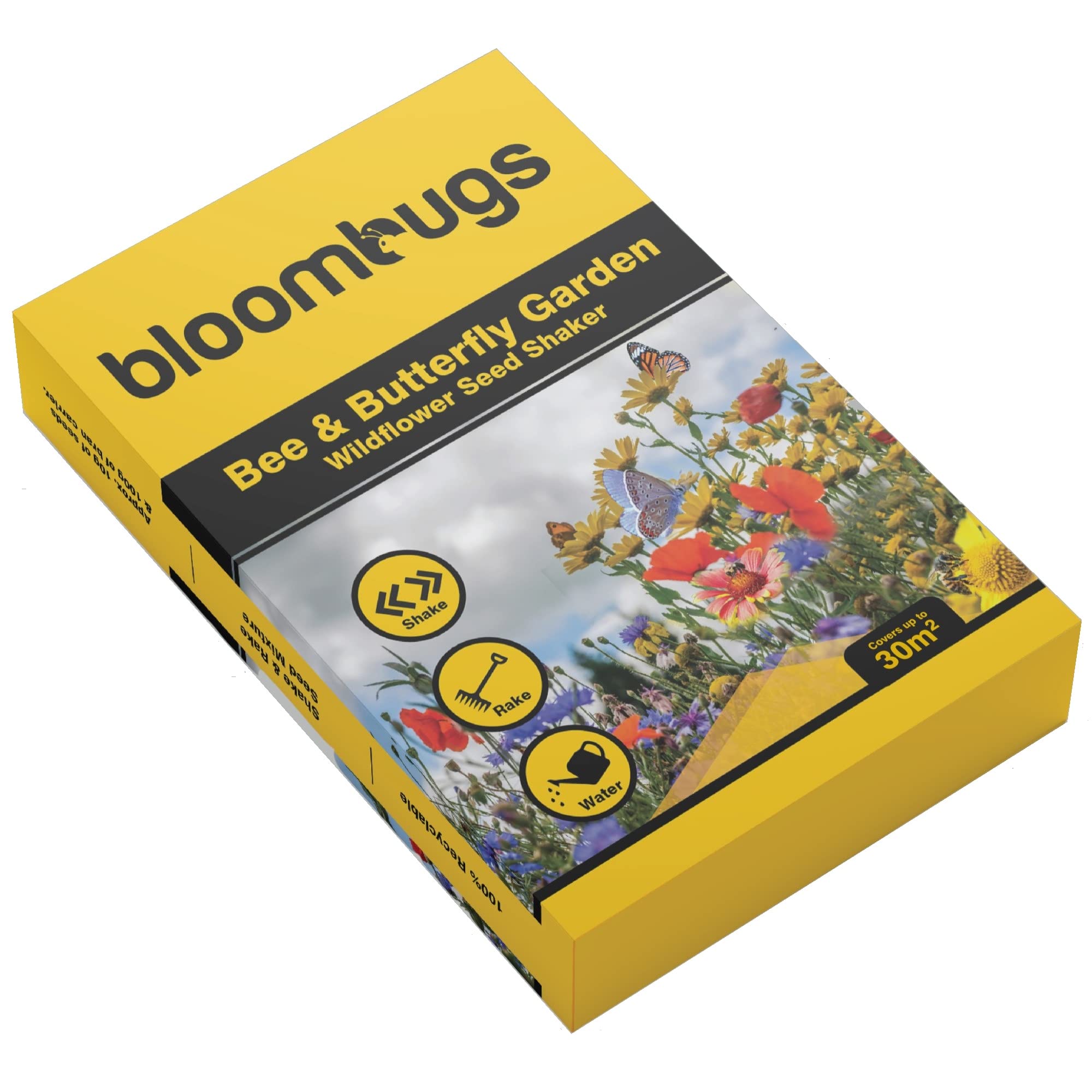 Bloombugs Wildflowers Seed Shaker | Native Mixed Wildflower Seeds | Handmade Mix with 26 UK Species | Attract Bees & Butterflies | Gift Box Covers 30 Sqm | Ideal for Spring or Autumn Planting