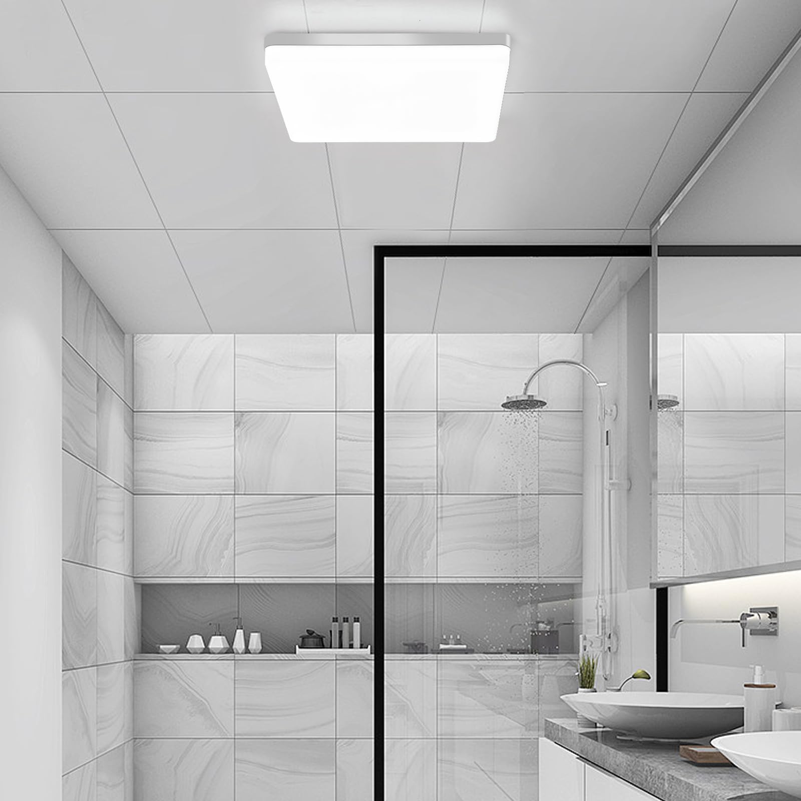 Riserva Plafonnier LED Carré 48W, IP44, 6500K Blanche Froide, 30cm | Lampe de Plafond pour Salle De Bain, Salon, Cuisine, Chambre, Couloir, Balcon, Garage