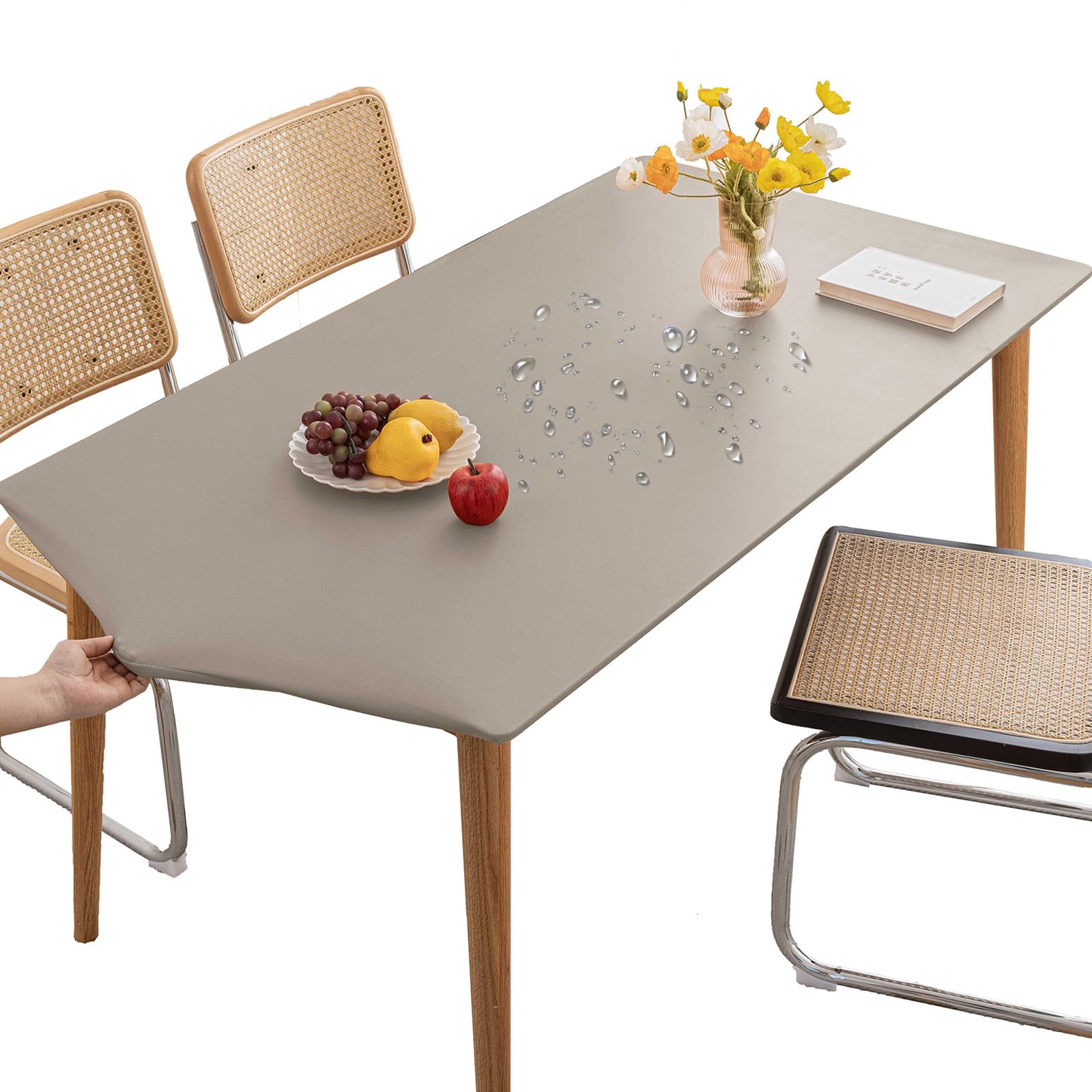 Thdsubb Tablecloth Leather Waterproof Tablecover Elastic Edged Fitted Table Protector Cover Wipeable for Home Picnic Party (Taupe,60x60cm)