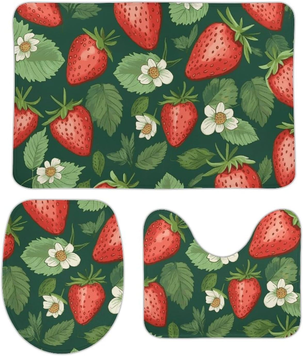 Anti-Skid Floor Mats 3 Piece Set,Fresh Strawberries and Leaves Printed Coral Fleece Bathroom Mats U-Shaped Contour Mat Toilet Seat Cover for Bathroom, Tub, Shower, Kitchen 19.7"x31.5"
