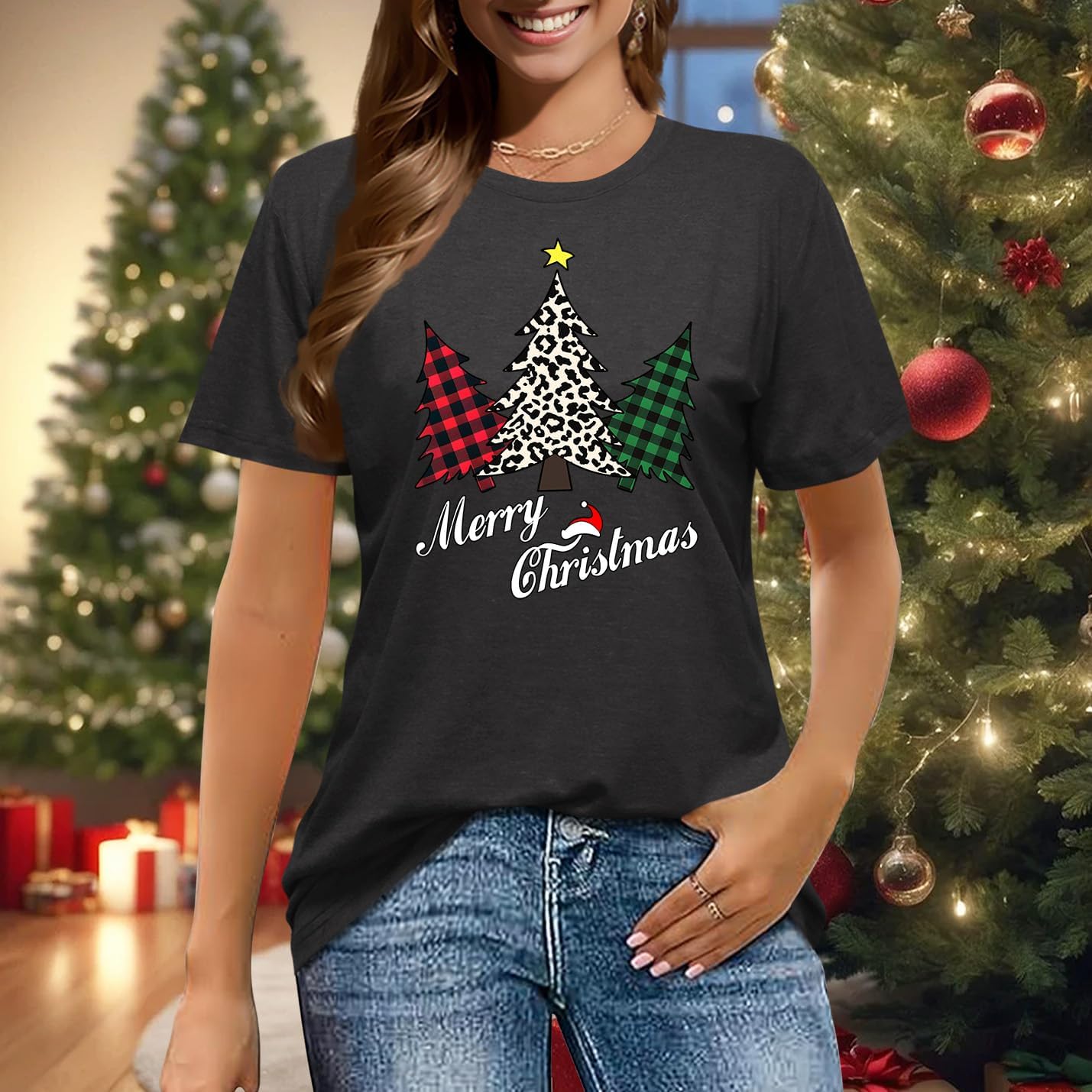 Christmas Shirts for Women:Crew Neck Short Sleeve Christmas Party Higher Quality T-Shirt - Image 2