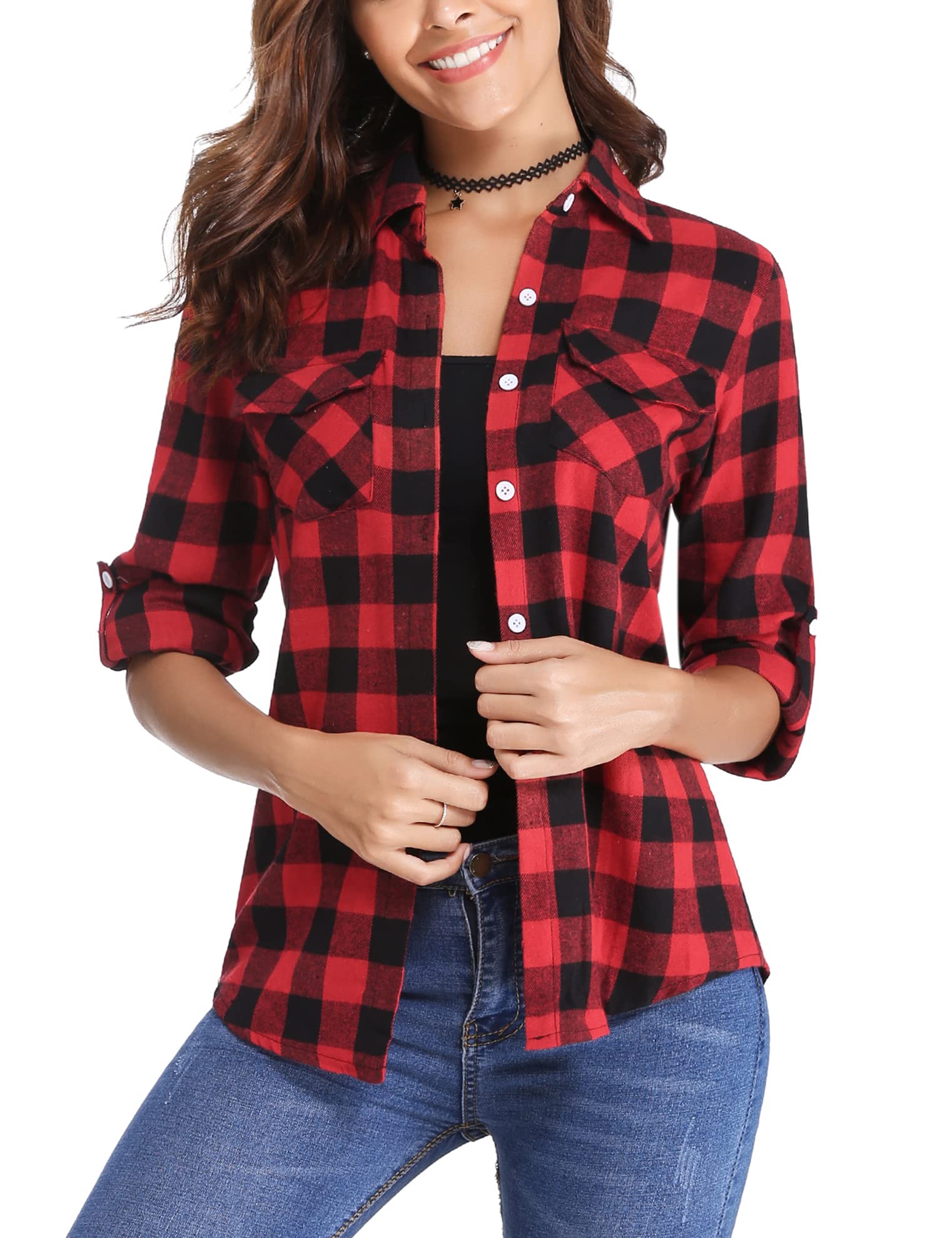 Totatuit Damen Kariertes Hemdbluse Baumwolle Langarm Oktoberfest Bluse | Button-down Karo Hemd Klassisch für Alltag und Oktoberfest Herbst Winter