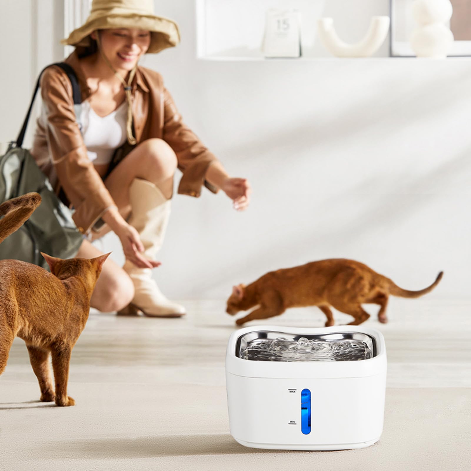 Dozownik Wody Smart Cat, Inteligentna Fontanna z Czujnikiem lub Czasowa o Pojemności 2,5 L z cichą pompą, Potrójna Filtracja Poidła dla Zwierząt ze Stali Nierdzewnej 304,