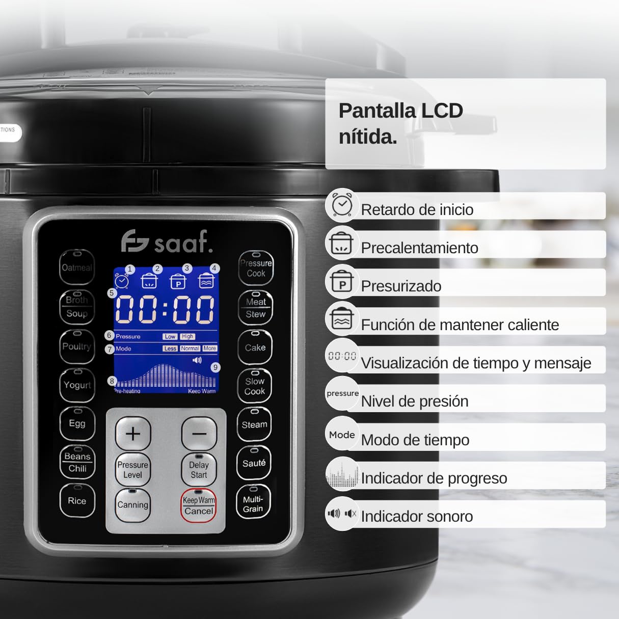 Saaf Multicooker 6L 11 Piezas 12 Programas Slowcooker Arrocera Vaporizador Olla a Presión Pantalla Digital