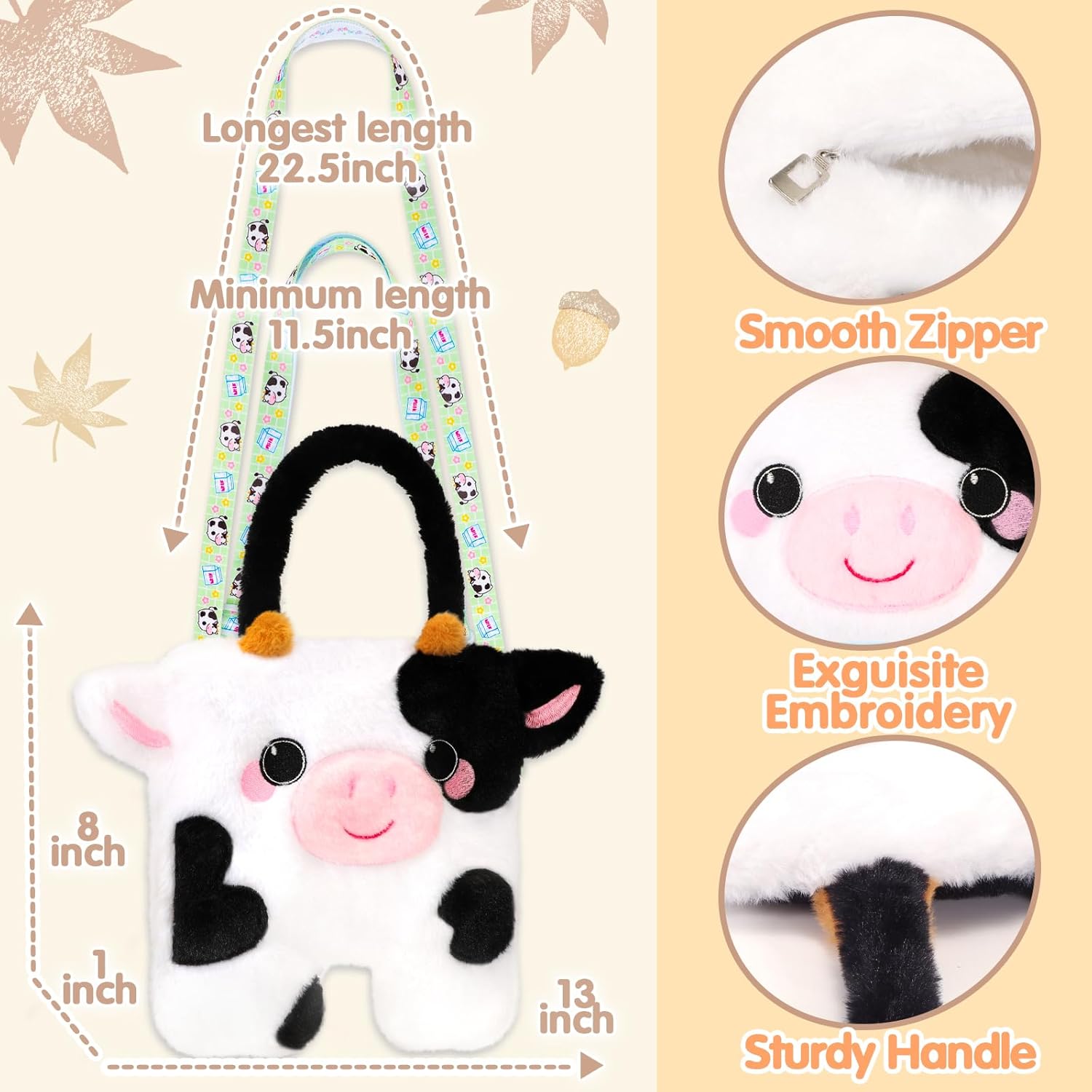 Cow Plush Bag Crossbody Bag for Kids, Plush Handbag Tote Bag with Adjustable Strap,Soft Plush Cow Stuffed Purse with Zipper,Coin Pouch Accessories for Toddlers Kids - Image 4