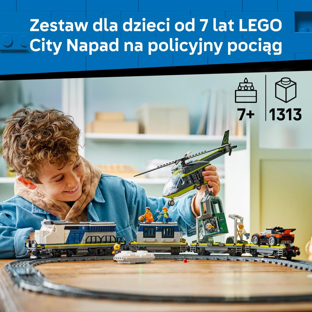 LEGO City Napad na policyjny pociąg 60508 | Pociąg dla dzieci, duży zestaw klocków konstrukcyjnych, prezent dla chłopca i dziewczynki 7+, Powered Up, 1313 elementów