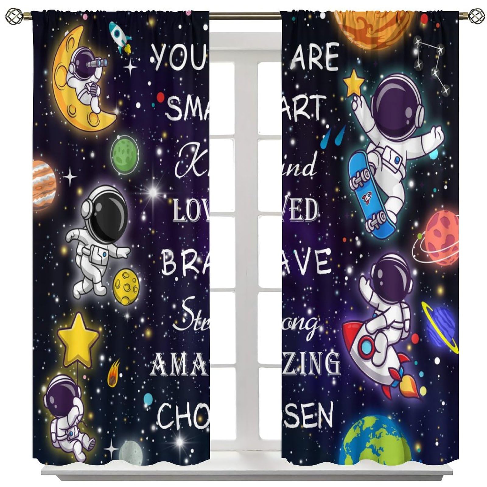 AAVEUP Space Astronaut Curtains for Kids,Cartoon Universe Galaxy Space Planet Astronaut Inspirational Quotes Learning Window Treatments for Boys Nursery Bedroom Living Room 42x45in?No Blackout?