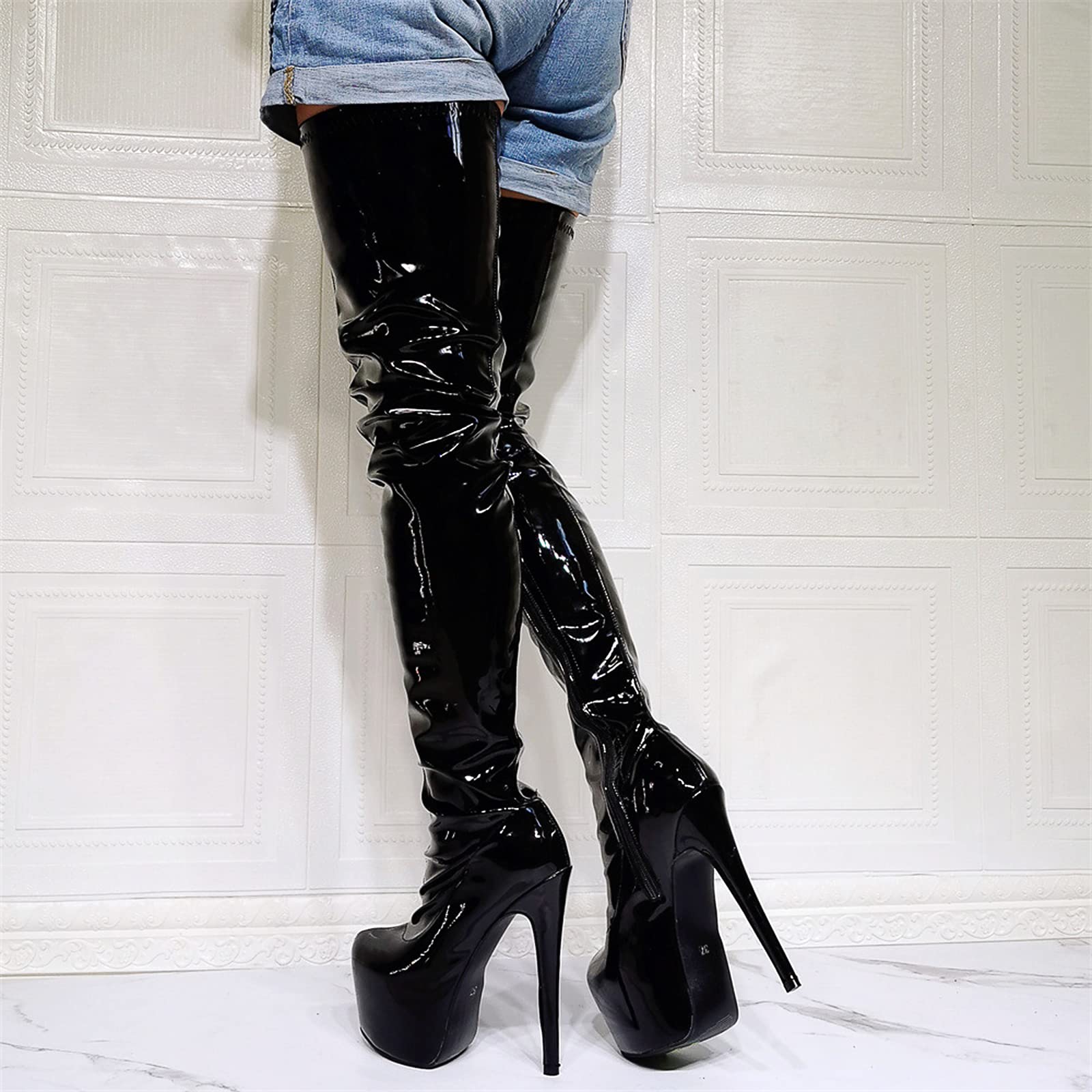 De Las Mujeres PU Cuero Tacones Altos Cremallera Dedo Puntiagudo Botas Altas Plataforma Gruesa Botas de Montar,Black-45(UK10.5)