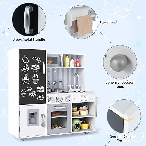 Miniatura 7 de HONEY JOY Juego de cocina para niños, juego de cocina de madera con pizarra y dispensador de agua, estufa iluminada, armario de almacenamiento,