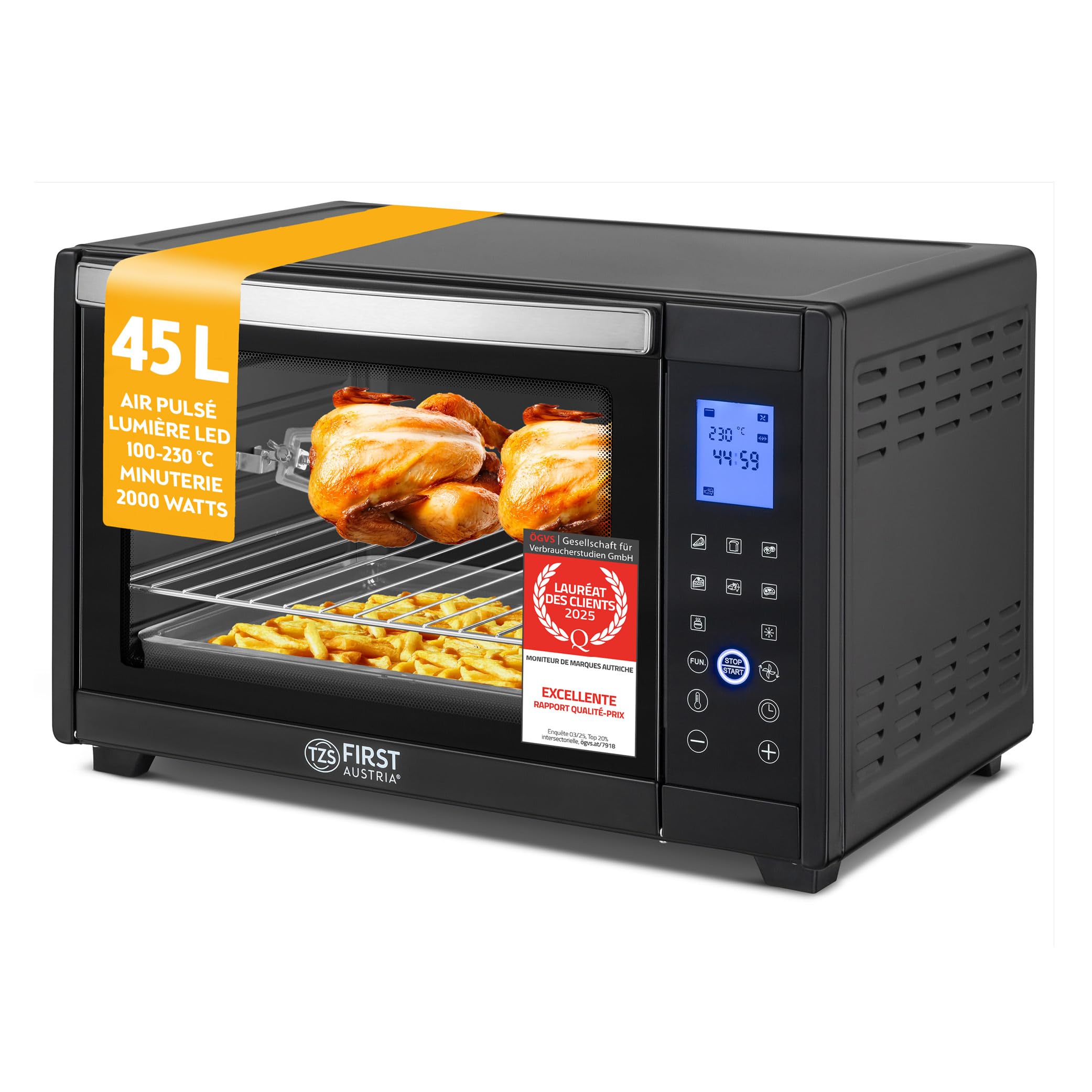 TZS First Austria – Mini-Four 45L 2000W digital – Revêtement Premium-X, Température jusqu'à 230°C & 4 Niveaux – Minuteur 180 Min & 8 Modes – Inclus Tournebroche – Pour Petites Cuisines & Camping