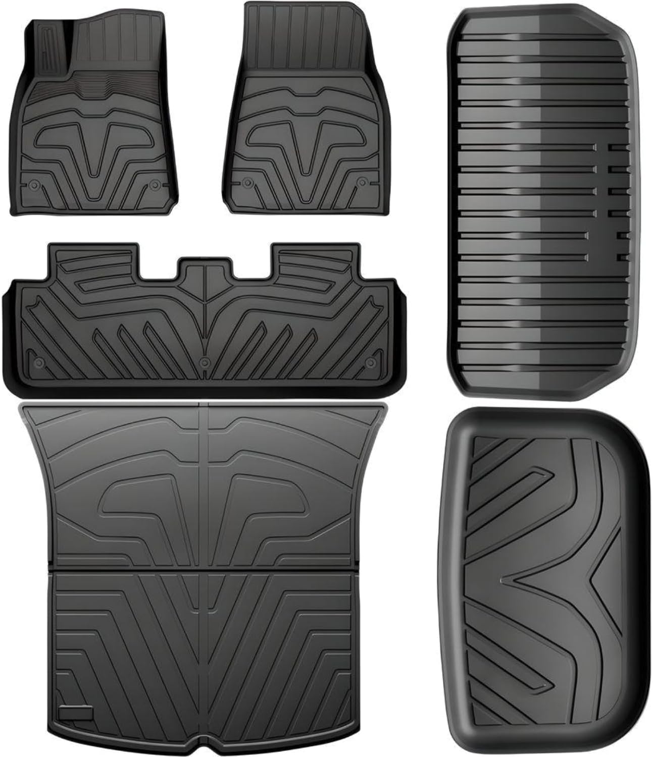 SUPER LINER Floor Mats Compatible for Tesla Model Y 5-Seat 2021-2023 Custom Fit All Weather TPE Cargo Liner Cargo Trunk Accessories (Does NOT fit 7-Seat) (Style C - Model Y Floor Mats Full Set)