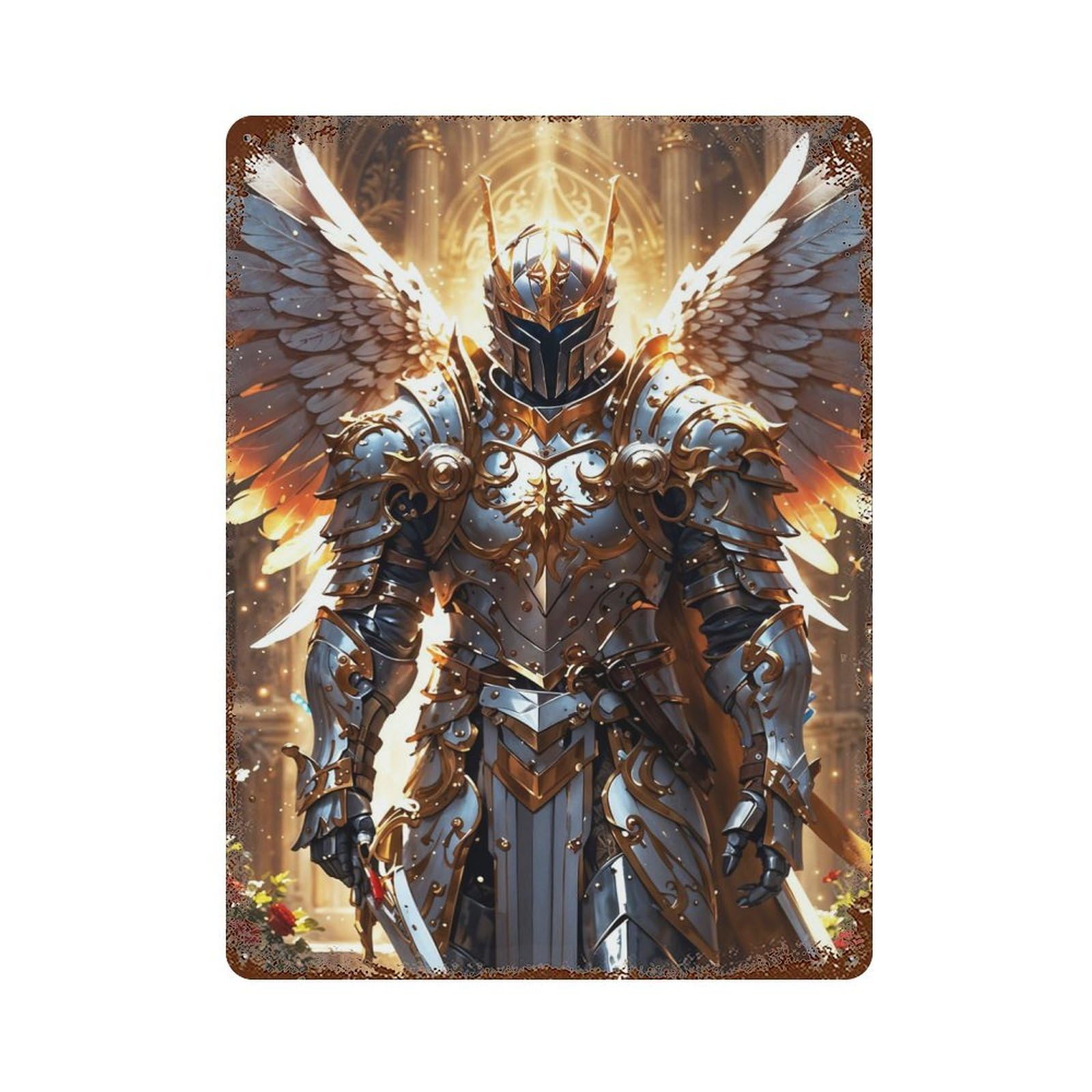 Armored Guardian with Wing Rust Effect Tin Sign 15.7"x11.8", Industrial Home Decor for Garage, Bar And Workshop Decor