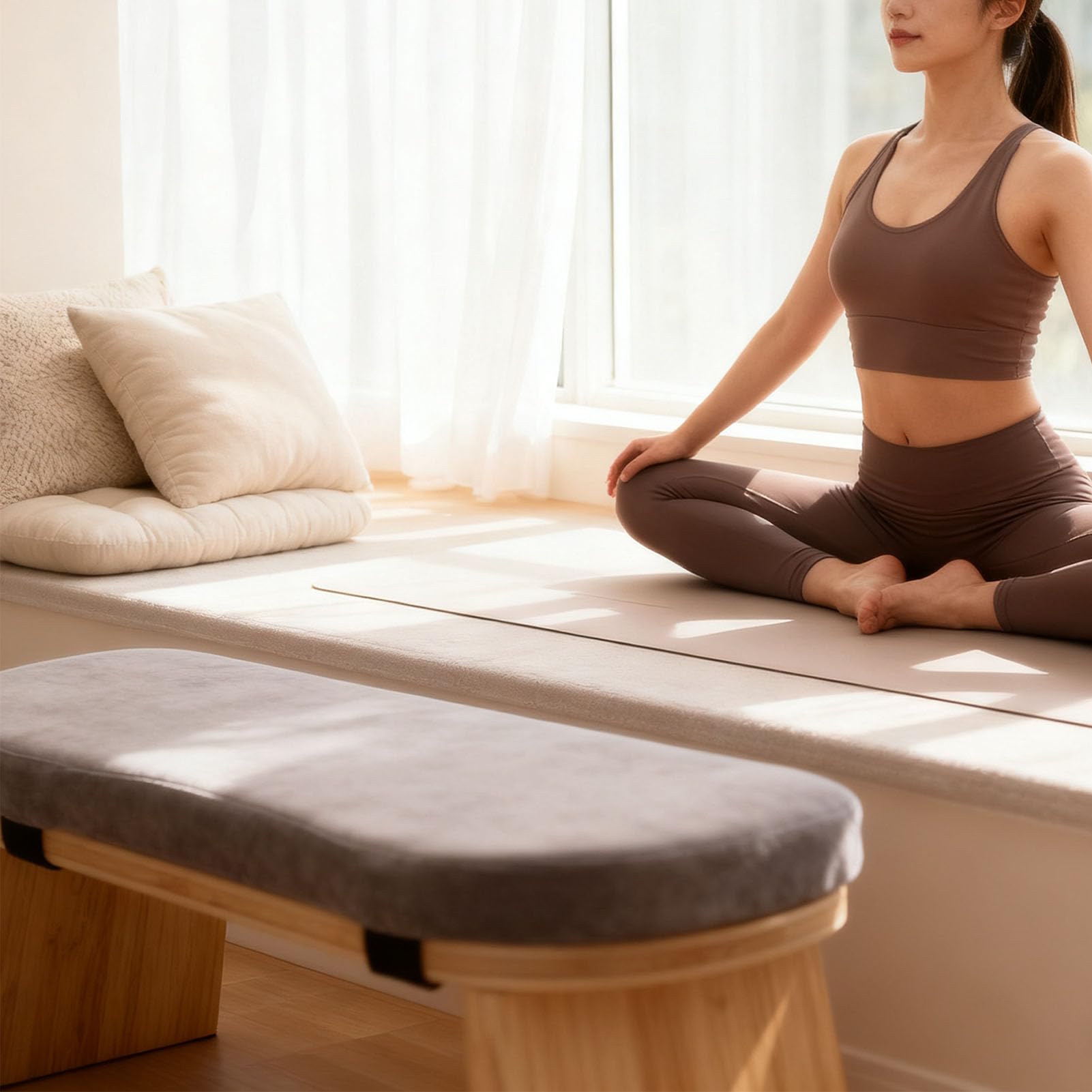 Topiky Meditationsbank, Klappbarer Kniehocker aus Holz mit Kissen für Entspannung, Teezeremonie zu Hause, Zen-Meditationshocker für Yoga