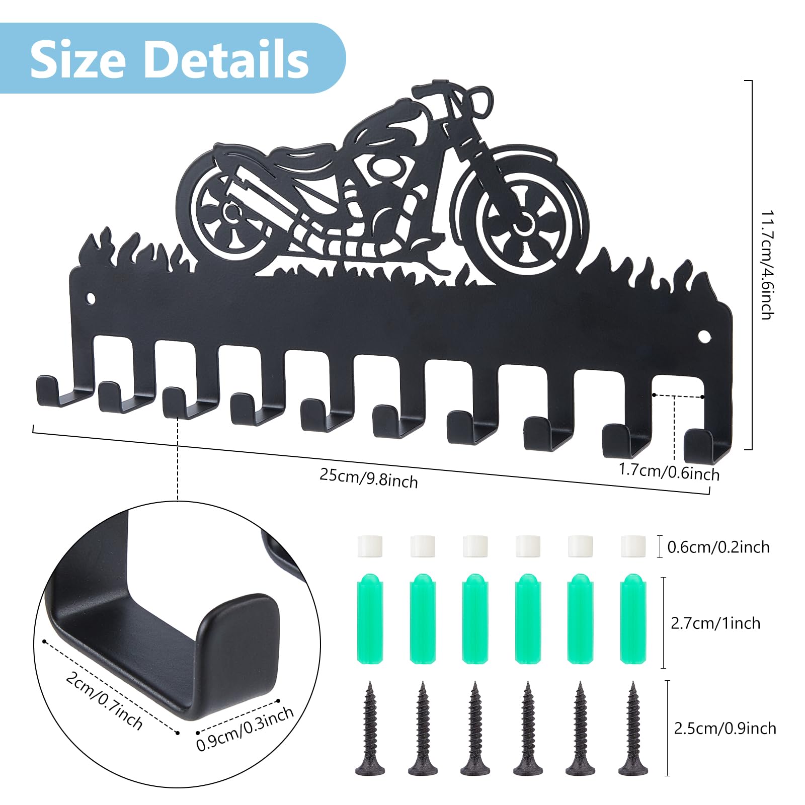 SUPERDANT Black Metal Key Holder 10 Hooks Motorcycle Pattern Iron Wall Mounted Hooks Decorative Hook Organizer Rack for Bag Clothes Key Towel Hanging Wall Decoration