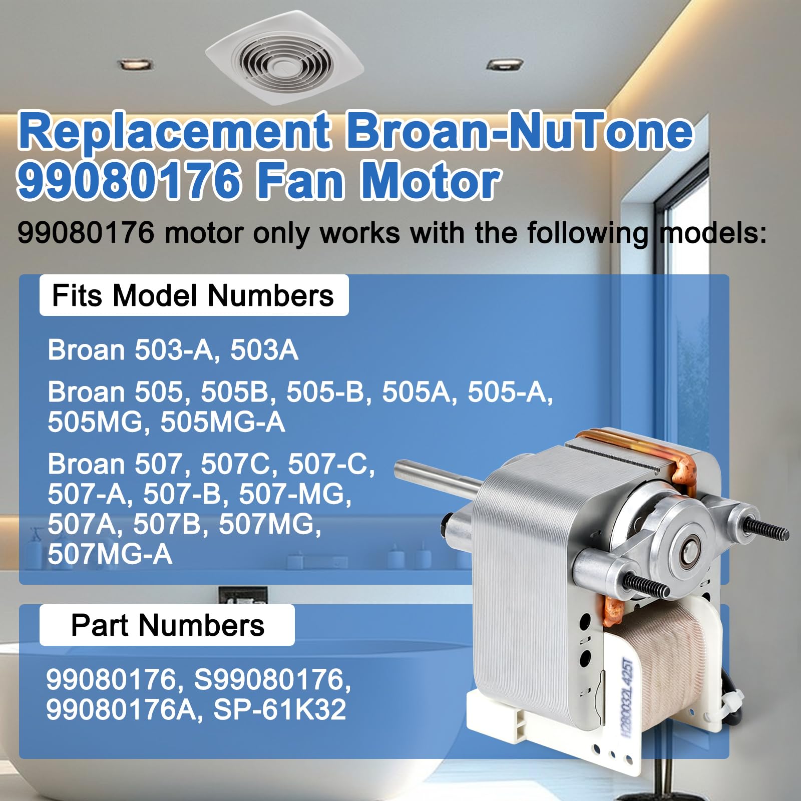 99080176 - Motor de ventilador de escape para ventiladores Broan-Nutone 505 505B 505-B 505A 507 507-C 507C, motor de repuesto para Broan 505