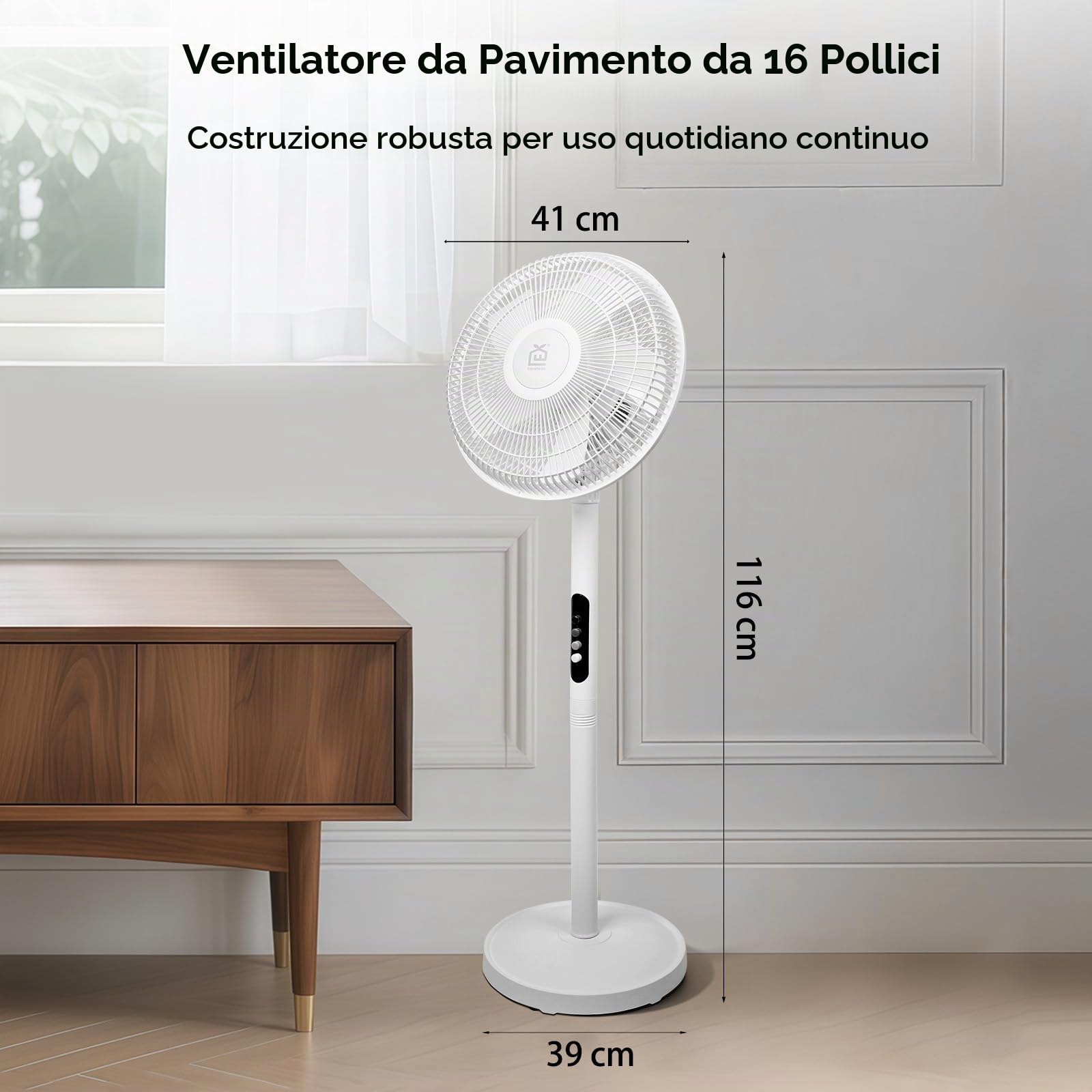 EXTRASTAR Ventilatore a piedi Altezza regolabile 116cm, 6 velocità, Oscillazione 70°, Telecomando, Minutario 9h, Flusso d'aria Grande angolo, Silenzioso, Uso Domicile Ufficio Camera
