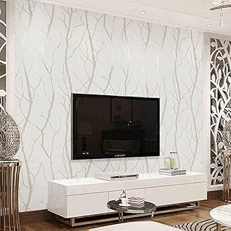 Trafagala Cream White 3D Embossed Wallpaper for Living Room Hallway Silver Striped Branch Glitter Wallpaper Feature Geometric for Bedroom Lounge Kitchen Wall Paper Roll