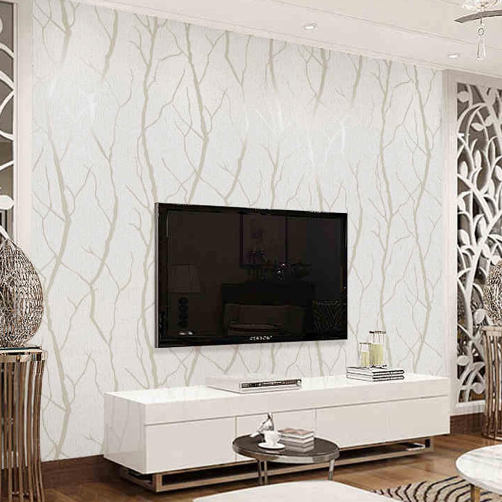 Trafagala White 3D Embossed Wallpaper for Living Room Hallway Silver Striped Branch Glitter Wallpaper Feature Geometric for Bedroom Lounge Kitchen Wall Paper Roll