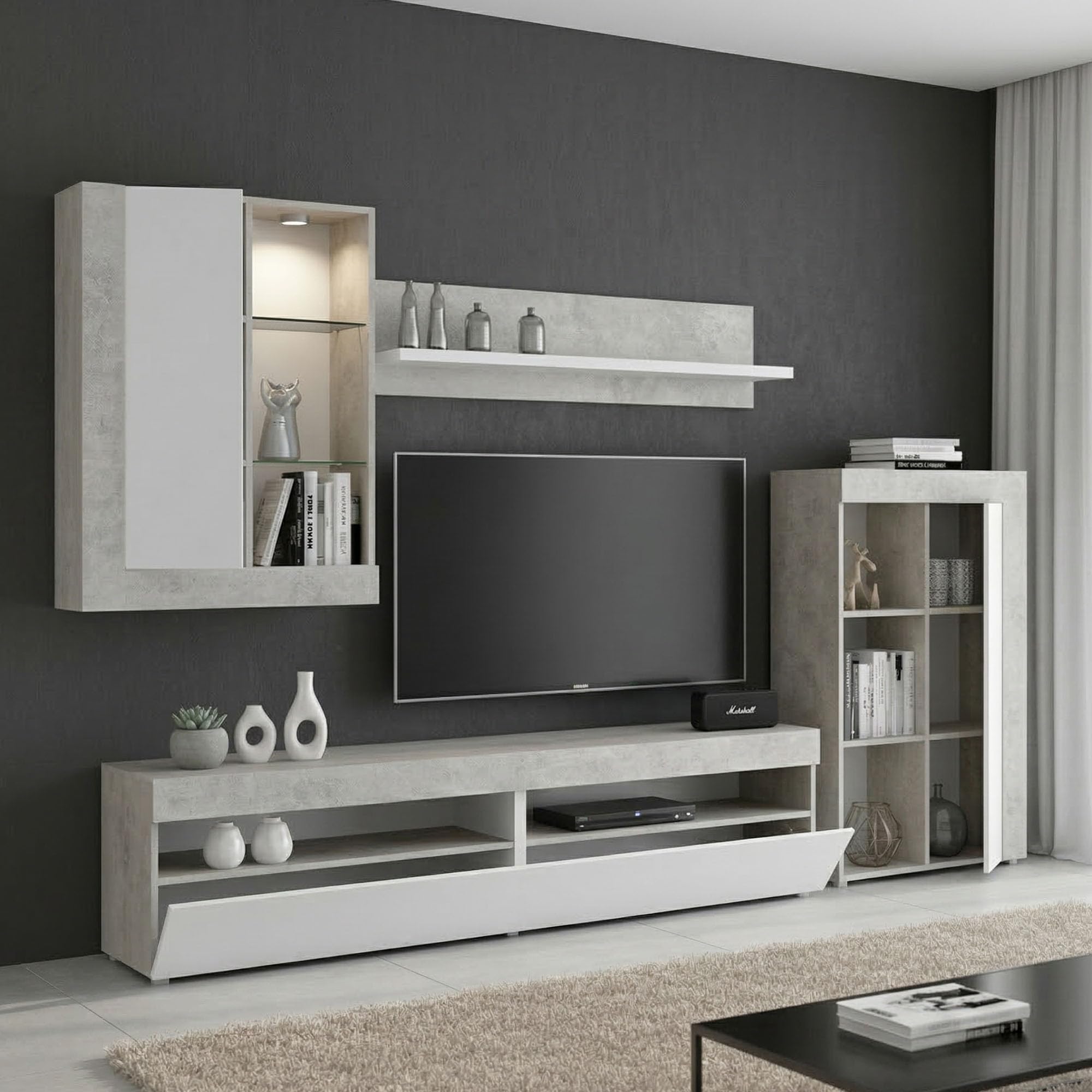 Dmora Parete Attrezzata Beverin 42x265x180h cm Bianco 12 Ripiani Modulabile, Apertura Battente e a Ribalta