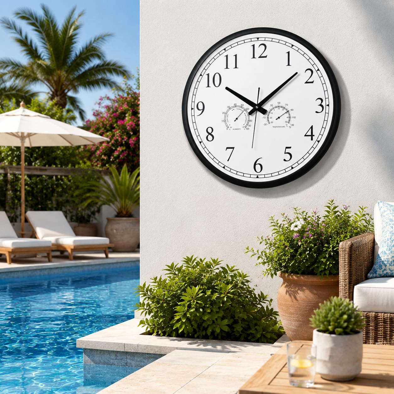 OCEST Orologio da parete da giardino da 45,7 cm, impermeabile, con termometro e igrometro, movimento al quarzo silenzioso, alimentato a batteria, per patio, giardino e piscina