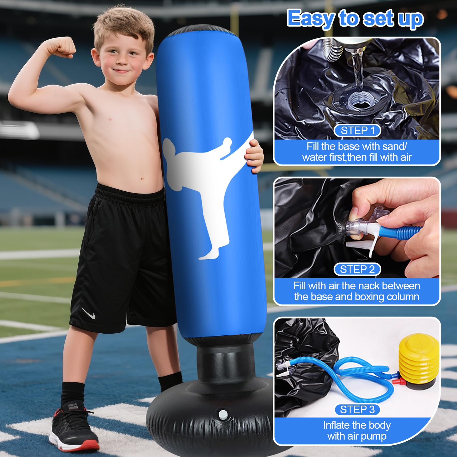 Sacco da Boxe da Terra, 160cm Sacco da Boxe per Bambini Gonfiabile Punching Ball Bambini 3 ai 12 Anni, Sacchi da Kickboxing per Karate Taekwondo MMA Fitness Allenamento a Casa