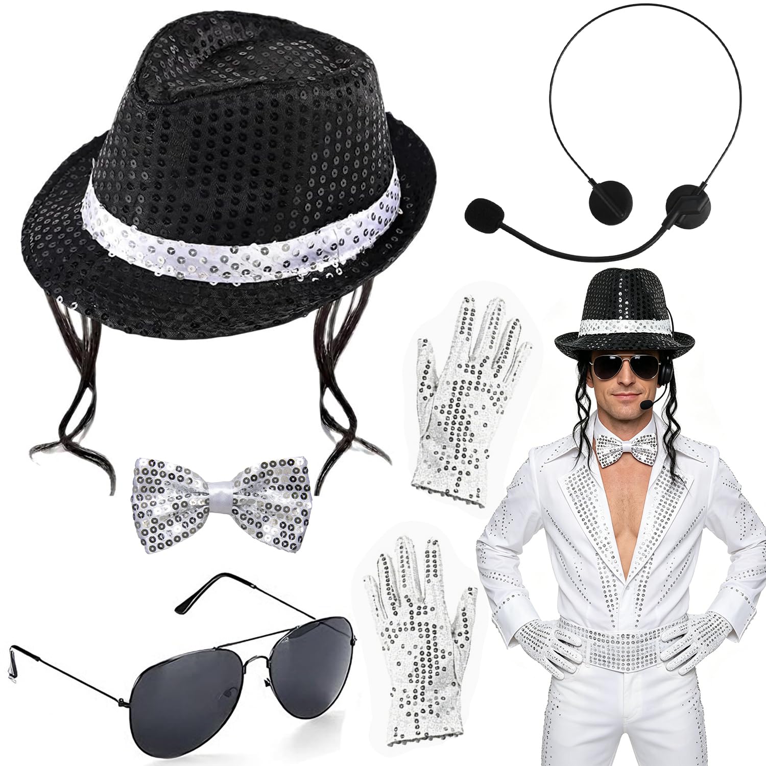 5PCS MJ Costume Accessories Adults, Disco Clothing Set, 1980s Fancy Dress Accessories with Jazz Sequin Hat Glove BowTie Headset King of Pop Fancy Dress Kit for 80s Cosplay Dance Theme Party Carnival-B