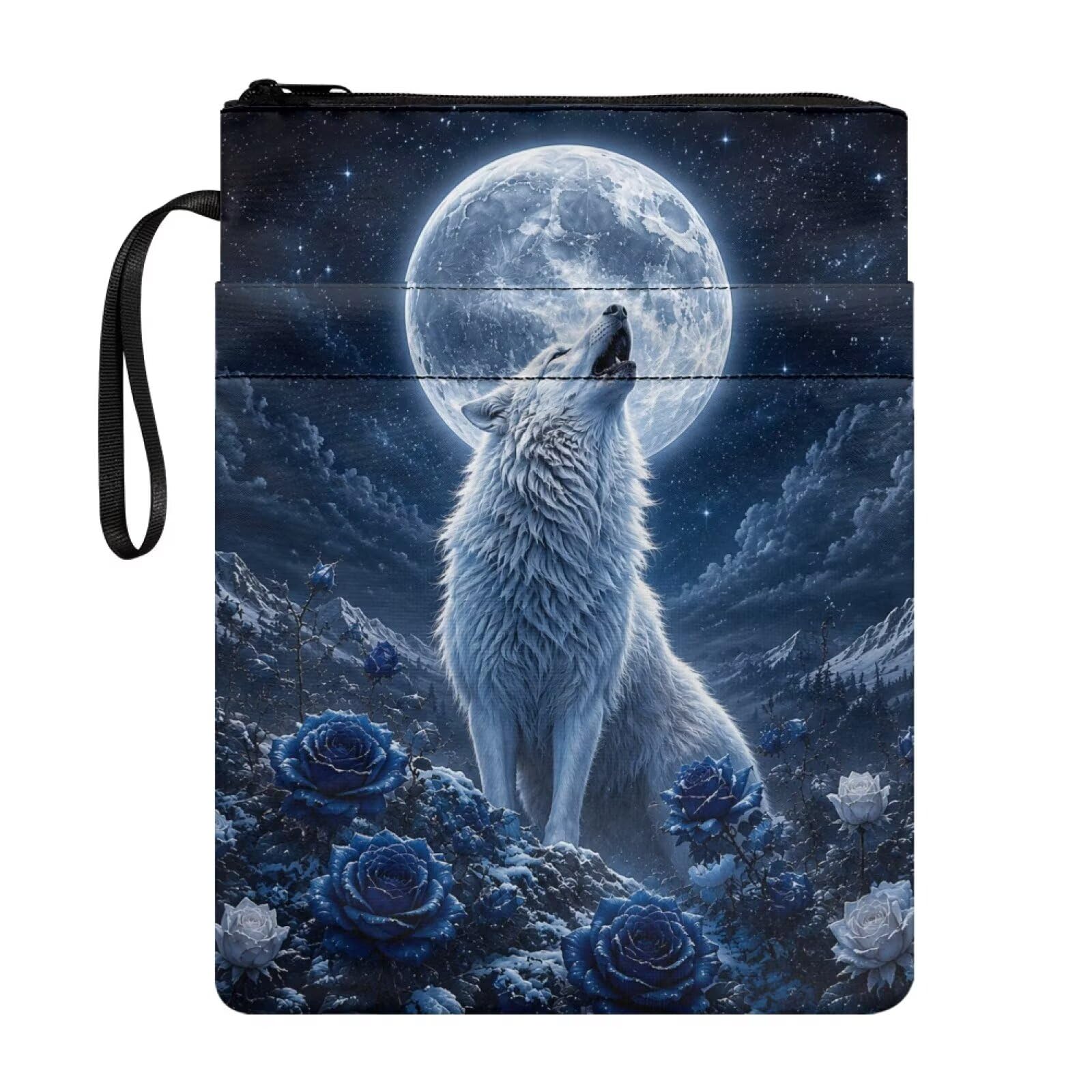 Poceacles Book Sleeve with Pockets Washable Fabric Paperback Book Cover Pouch Protector with Zipper for Hardcover Textbook, 29 x 22 cm, Wolf Moon Rose Galaxy Blue — image 1