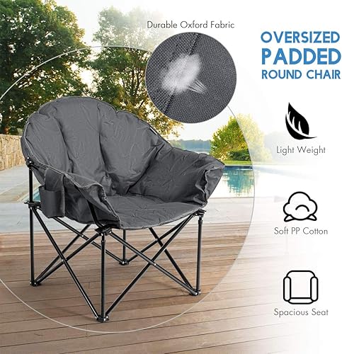 Vista 27 de Tangkula Oversized Camping Chair, Outdoor Padded Folding Chair with Cup Holder, Moon Round Saucer Club Chair, Outside Foldable Camp Chair with Carry